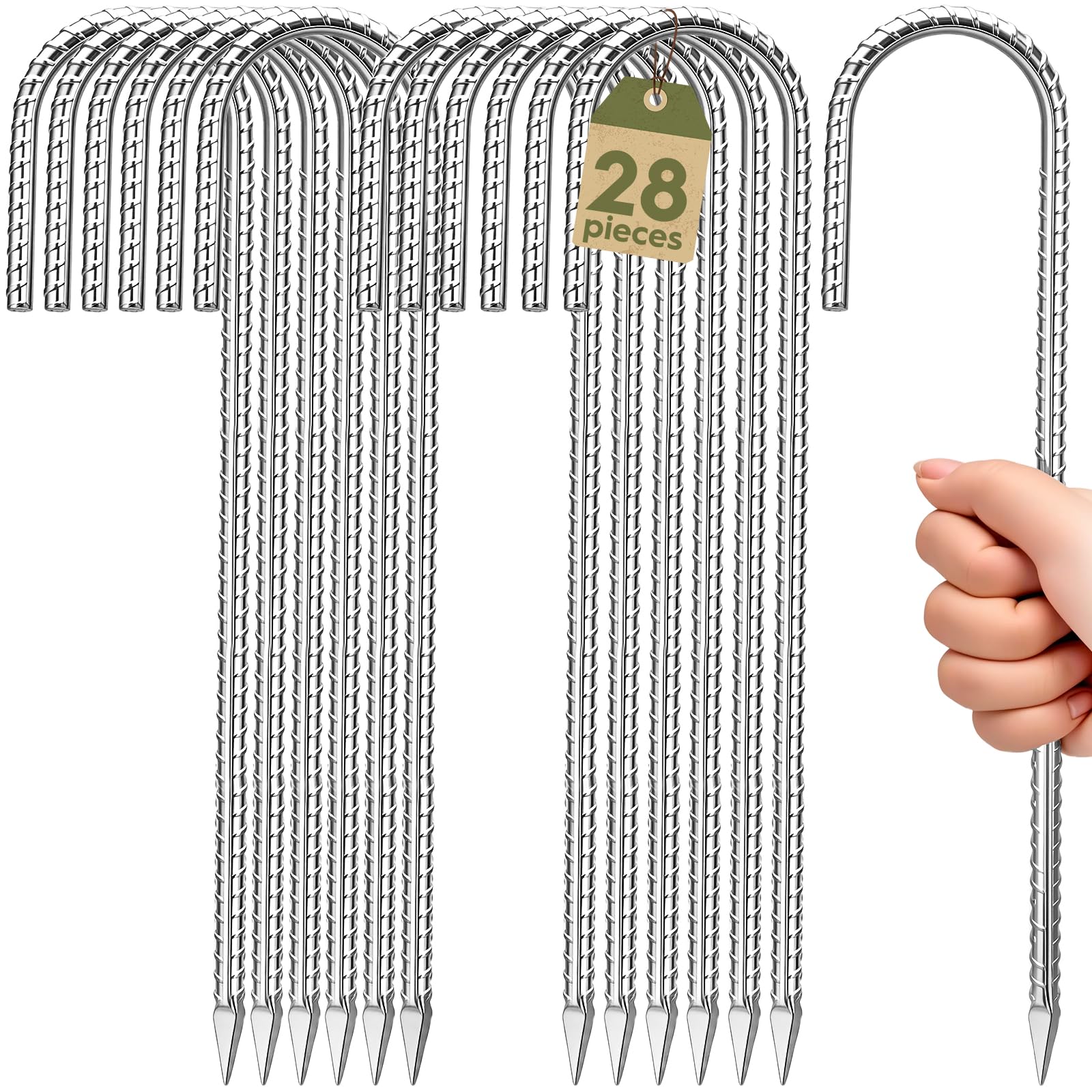 Homwin 12 inches Heavy Duty Ground Stakes 28-Pack, J Hook Metal Rebar Stake