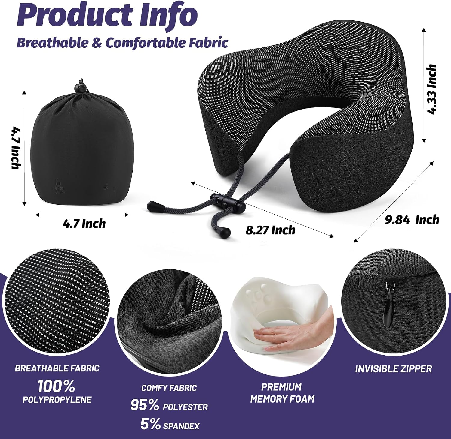 Travel Neck Pillow, Ergonomic Memory Foam Reading Pillow for Ncek Support Travel Sleeping, Airplane Pillow for Long Flight woth Soft Massage Granules & Fold- Black