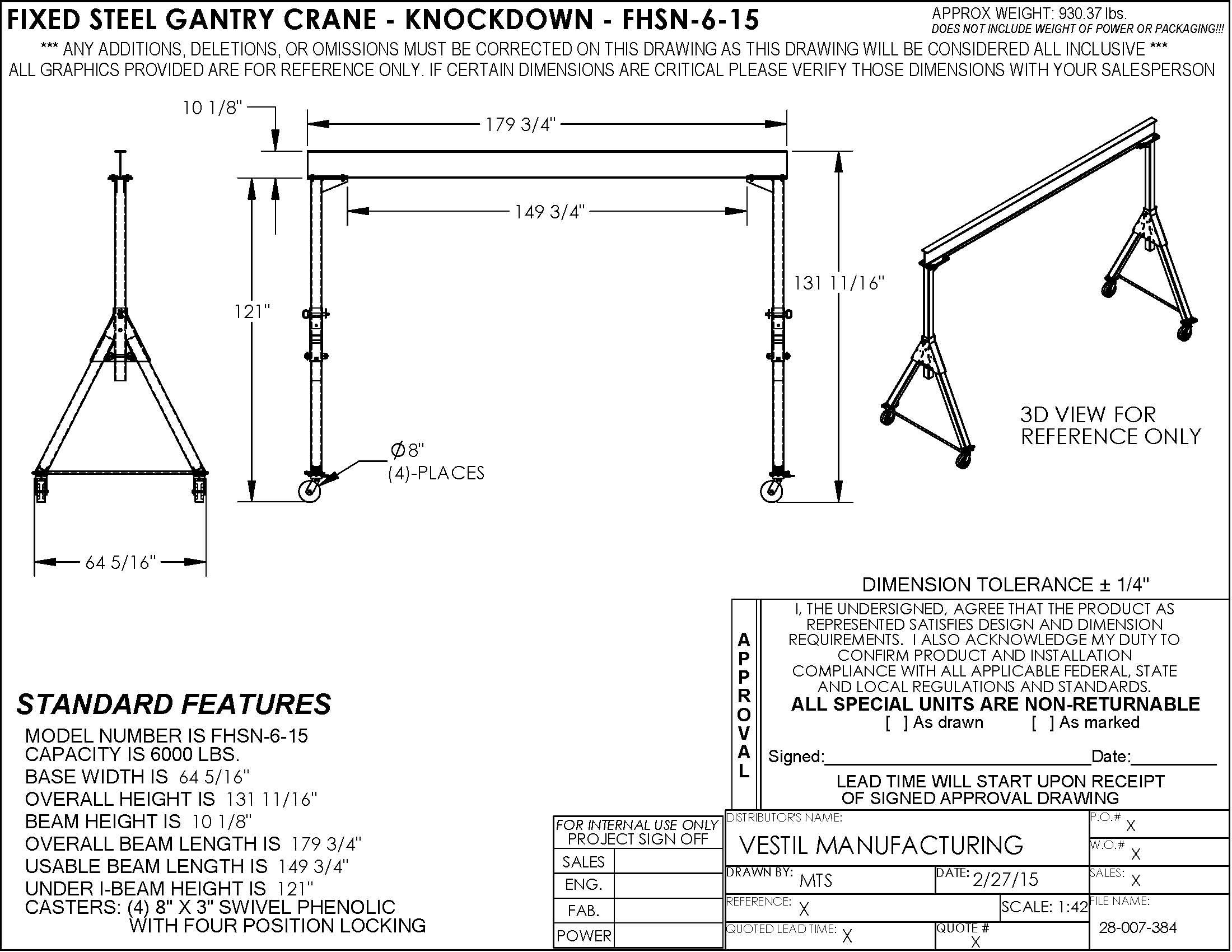 Vestil FHSN-6-15 Steel Knockdown Fixed Gantry Crane with Phenolic Casters 15 Ft. 6000 Lb. Capacity Blue