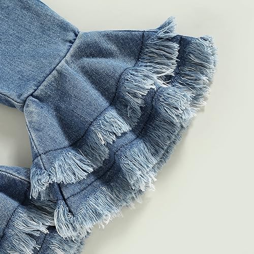 Miniatura 5 de woshilaocai Mameluco de encaje acanalado para bebé niña  jeans acampanados con volantes  diadema Boho Retro Infantil Spring Outfit