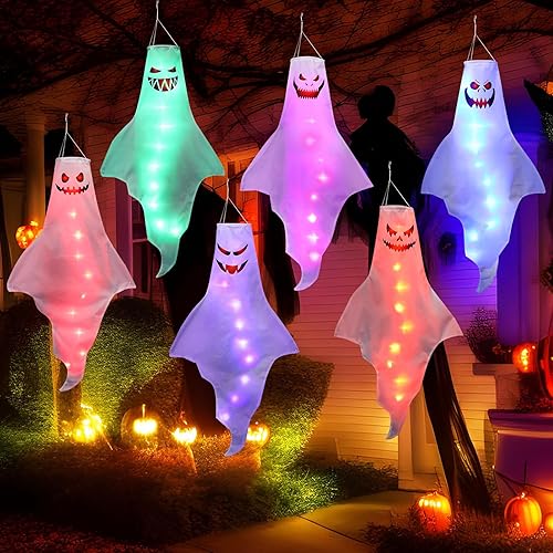 Fiada 6 piezas de decoraciones de Halloween al aire libre de 43 pulgadas, decoración de fantasma iluminada, sombrero de fantasma colgante,