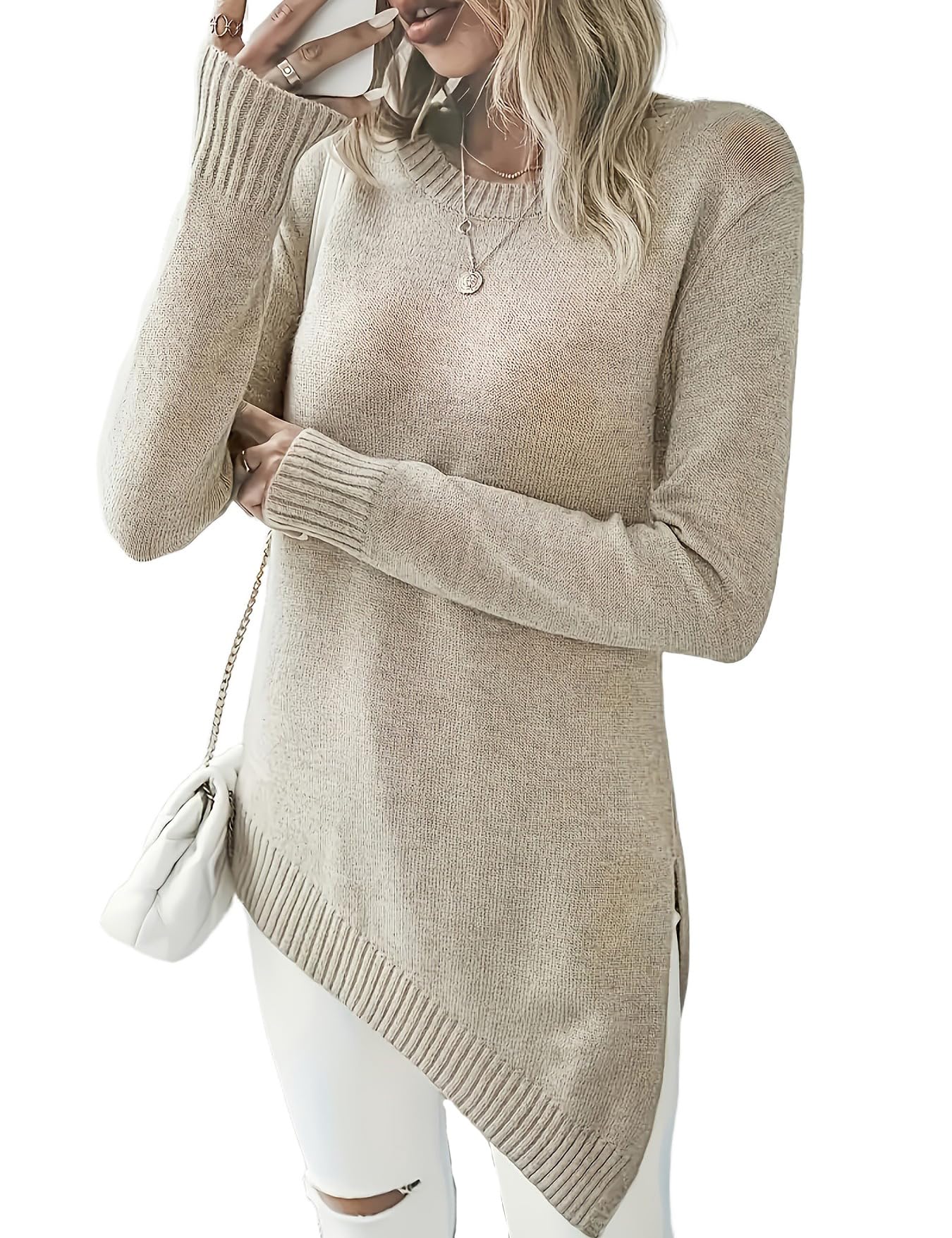 Kinghua Long Sweaters for Women Fall Winter Clothes Casual Trendy Asymmetrical Hem Sweater Knit Tops