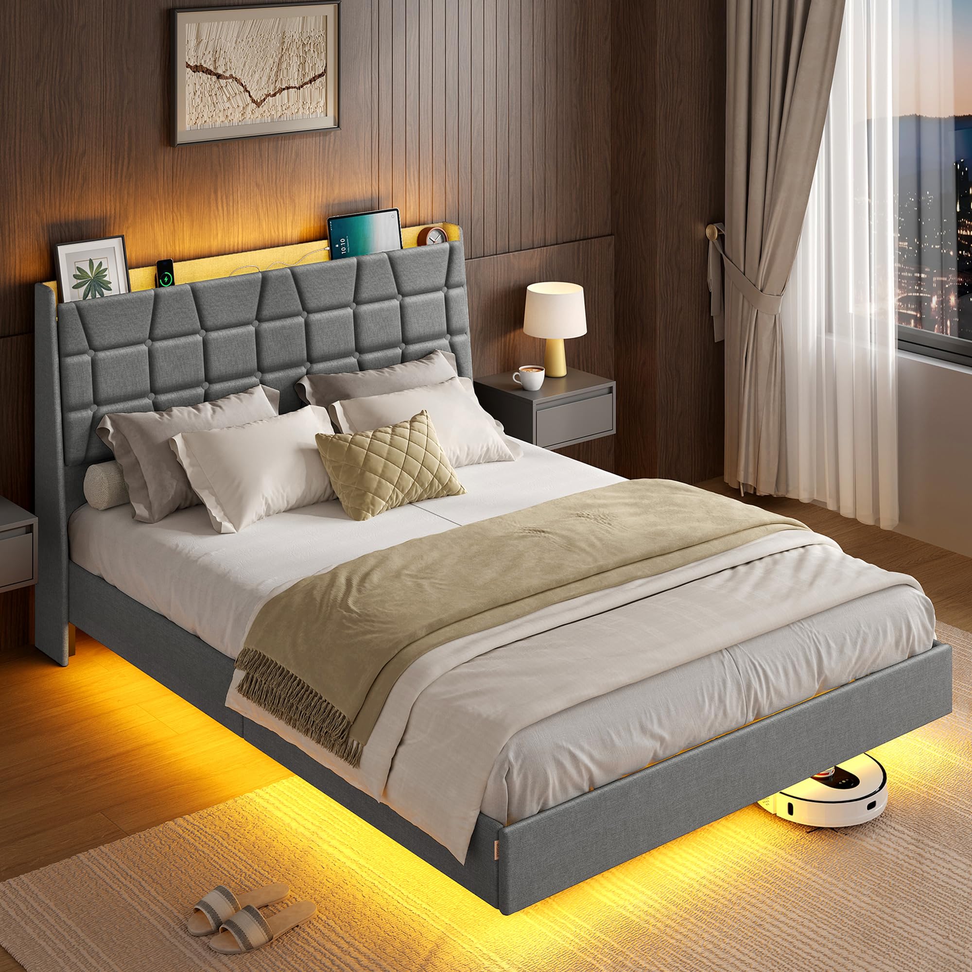 VASAGLE Full Size Floating Bed Frame with LED Lights and Charging Station