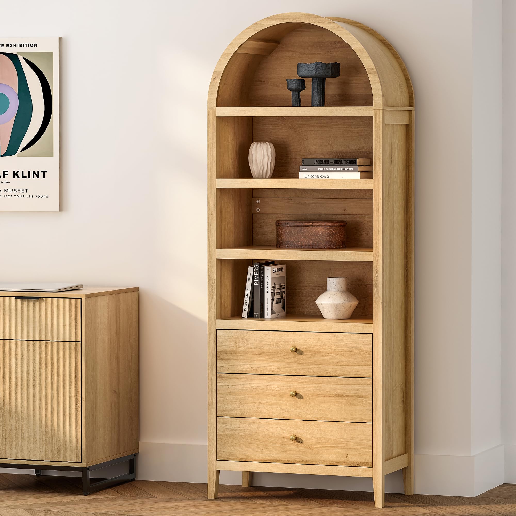 EYYTHUNG 71" Tall Arched Cabinet, 4-Tier Arched Bookcase with 3 Drawers and Adjustable Shelf, Modern Farmhouse Bookshelf Kitchen Pantry for Living