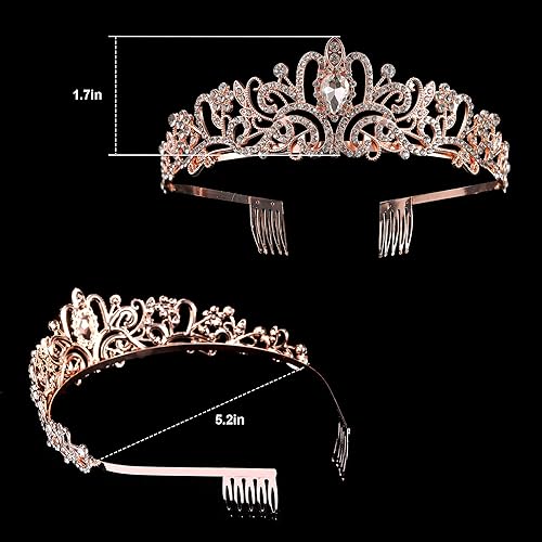 Miniatura 4 de Paquete de 5 coronas de cristal de oro rosa para mujeres, niñas, elegante corona de princesa con diamantes de imitación con peines, diademas de boda