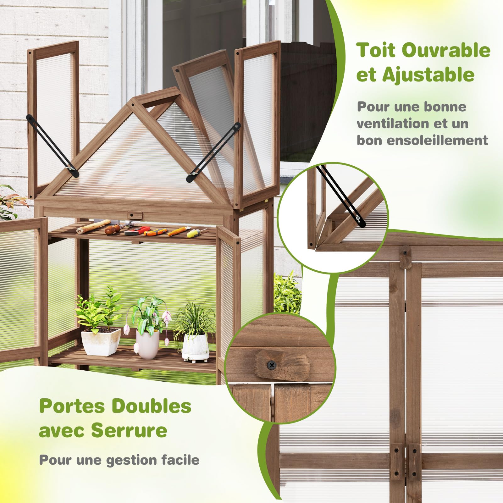 COSTWAY Serre de Jardin à 3 Niveaux en Bois de Sapin, 2 Porte Toit Ouvrant avec Étagères Réglables, Serre à Tomates Protection Transparente en Polycarbonate, 71x41x133cm, Brun