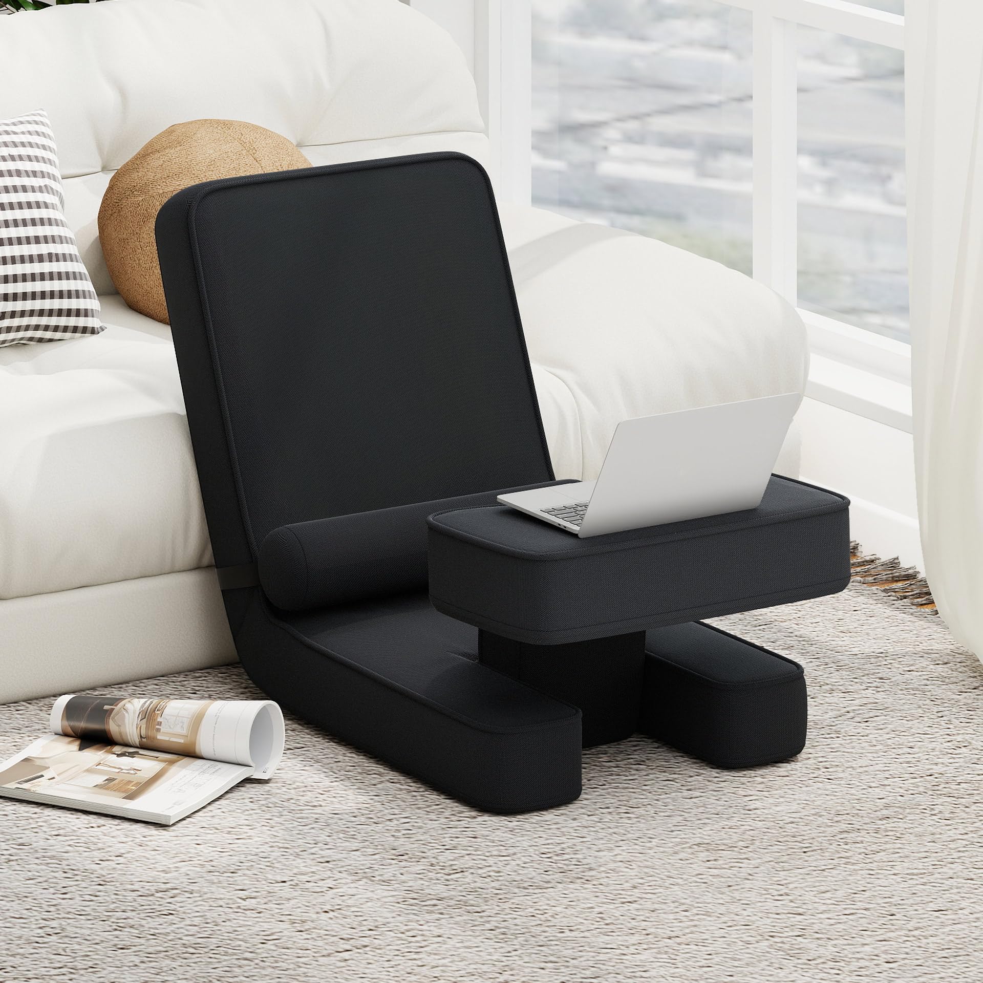 COSTWAY Sedia da Terra Pieghevole, Poltrona Relax Imbottita con Schienale e Poggiapiedi Regolabili, Sedia da Pavimento con Tavolino e Cuscino, per Soggiorno e Camera da Letto
