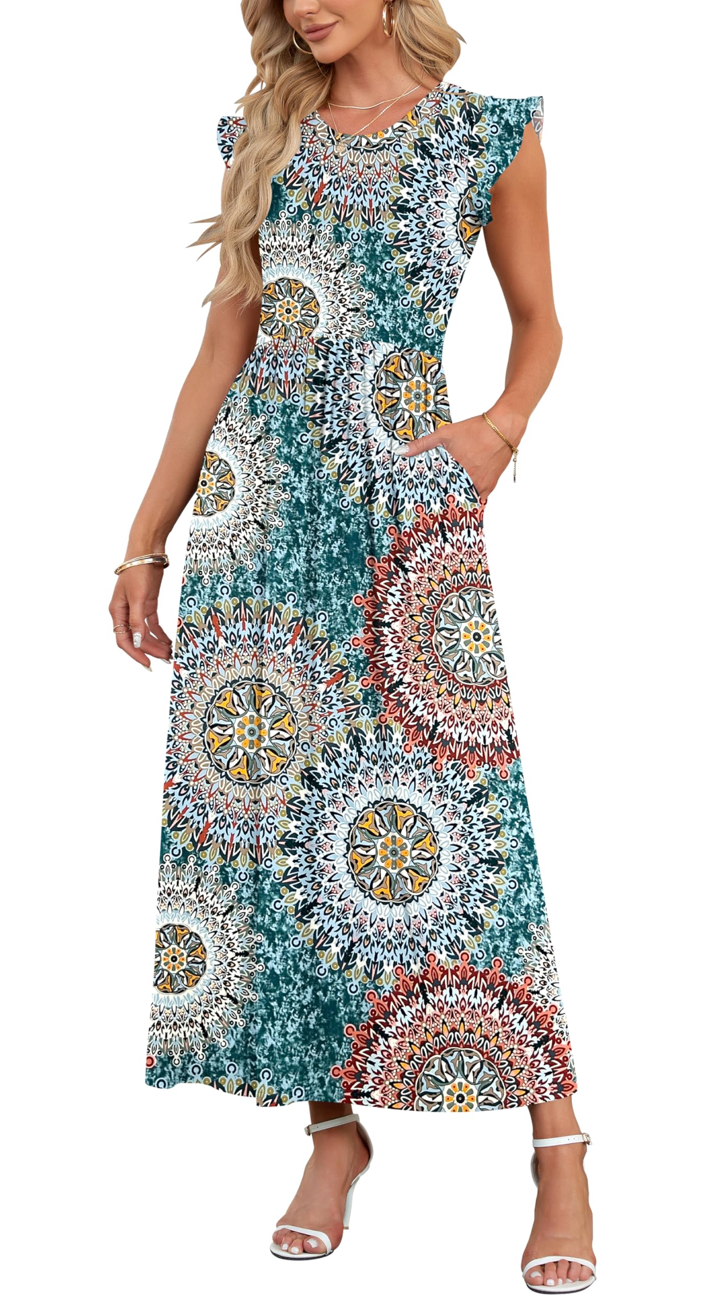 AUSELILY Damen Sommer Rundhalsausschnitt Maxi Kleid mit Taschen Kurzarm und Rüschen Lässiges Hohe Taille Langes Lockeres Bodenlanger Rock