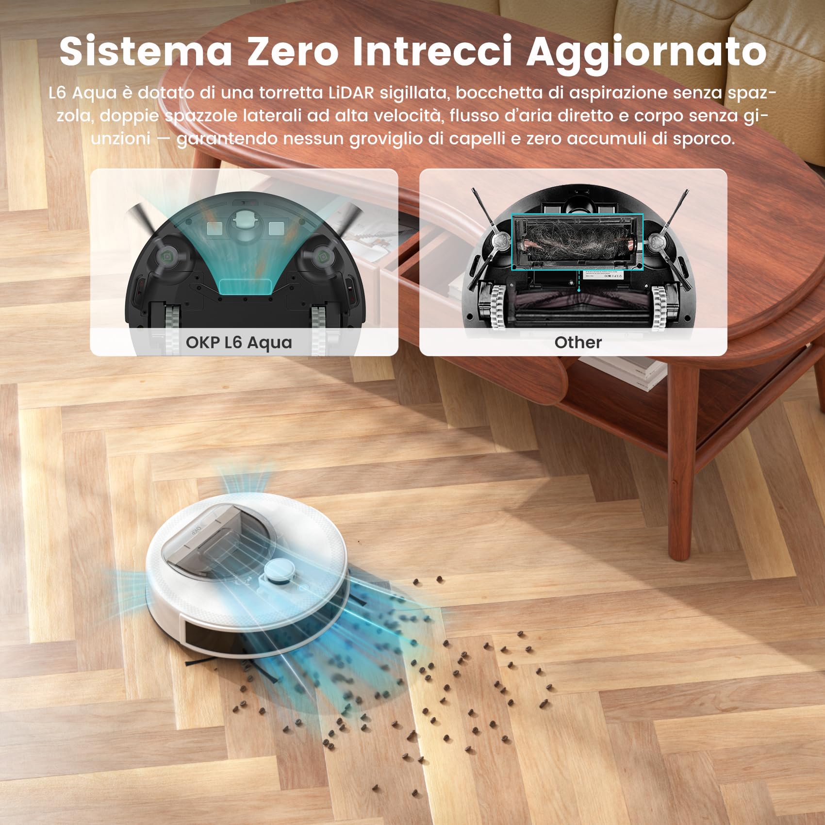 OKP L6 Aqua Robot Aspirapolvere Lavapavimenti con Mappatura, LiDAR DToF, 6000Pa, 150 Min, WiFi/APP/Alexa, Zone No-Go, 3 IN 1 Robot Lavapavimenti e Aspirapolvere Ideale per Peli di Animali Tappeti