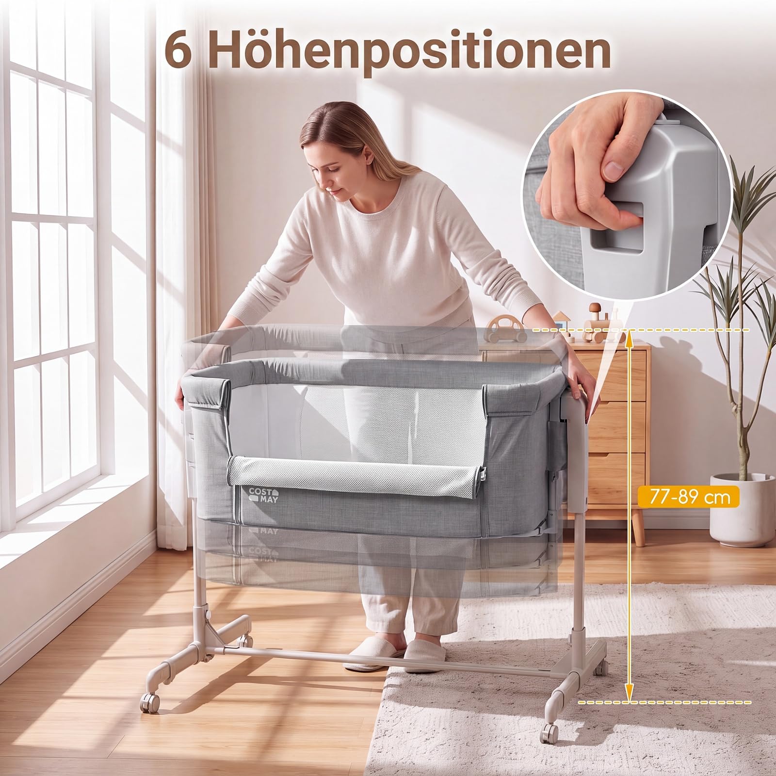 COSTWAY 3 in 1 Beistellbett, Babybett 6-stufig höhenverstellbar (Grau) | Reisebett mit Matratze, Babywiege mit Schaukelfunktion, Stubenwagen Baby mit Rollen für Neugeborene bis 6 Monaten