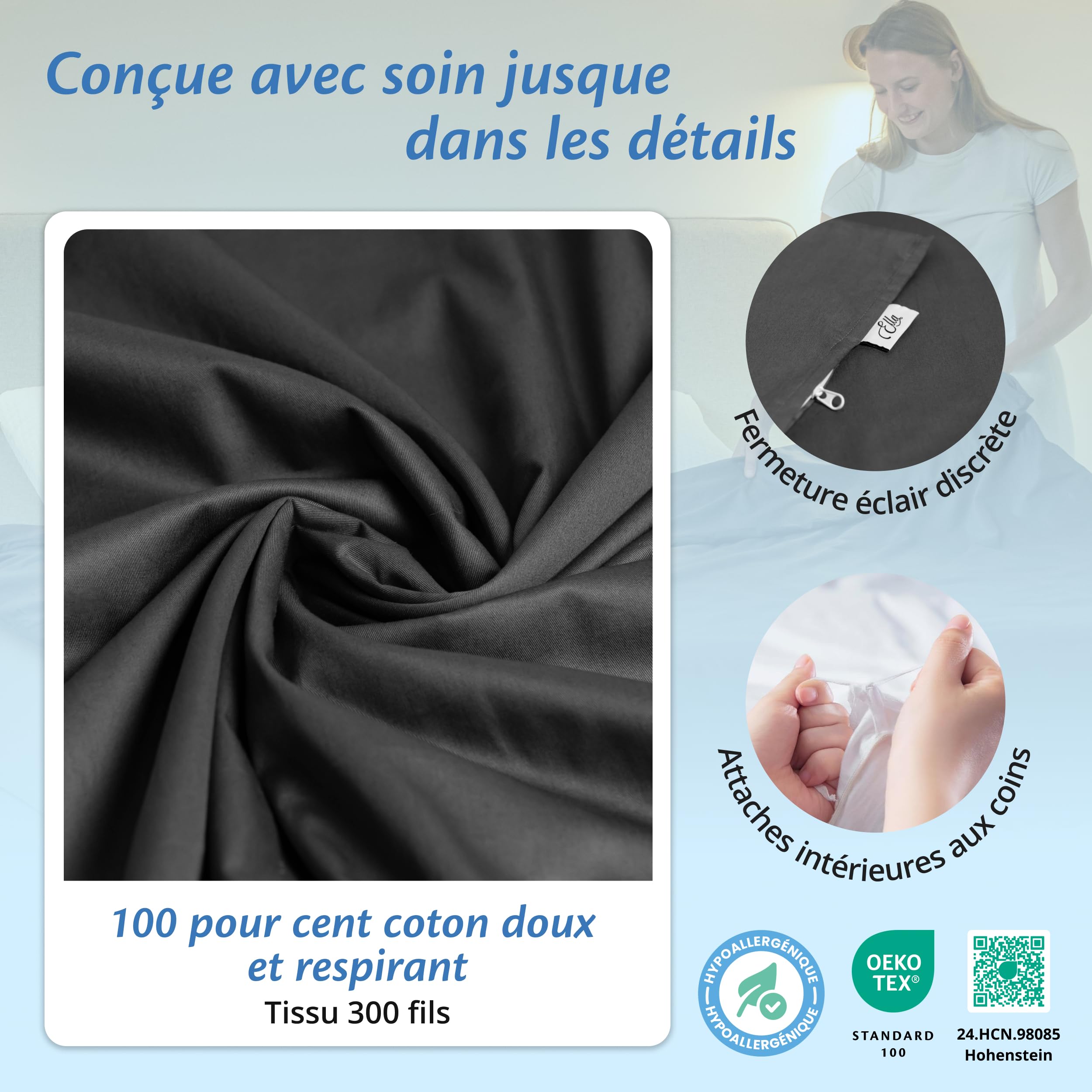 Ella Housse de Couette 150x200 cm pour Couverture Lestée Adulte - 100% Coton - Idéale pour couvertures pondérées de 7 kg et 9 kg - Gris Anthracite