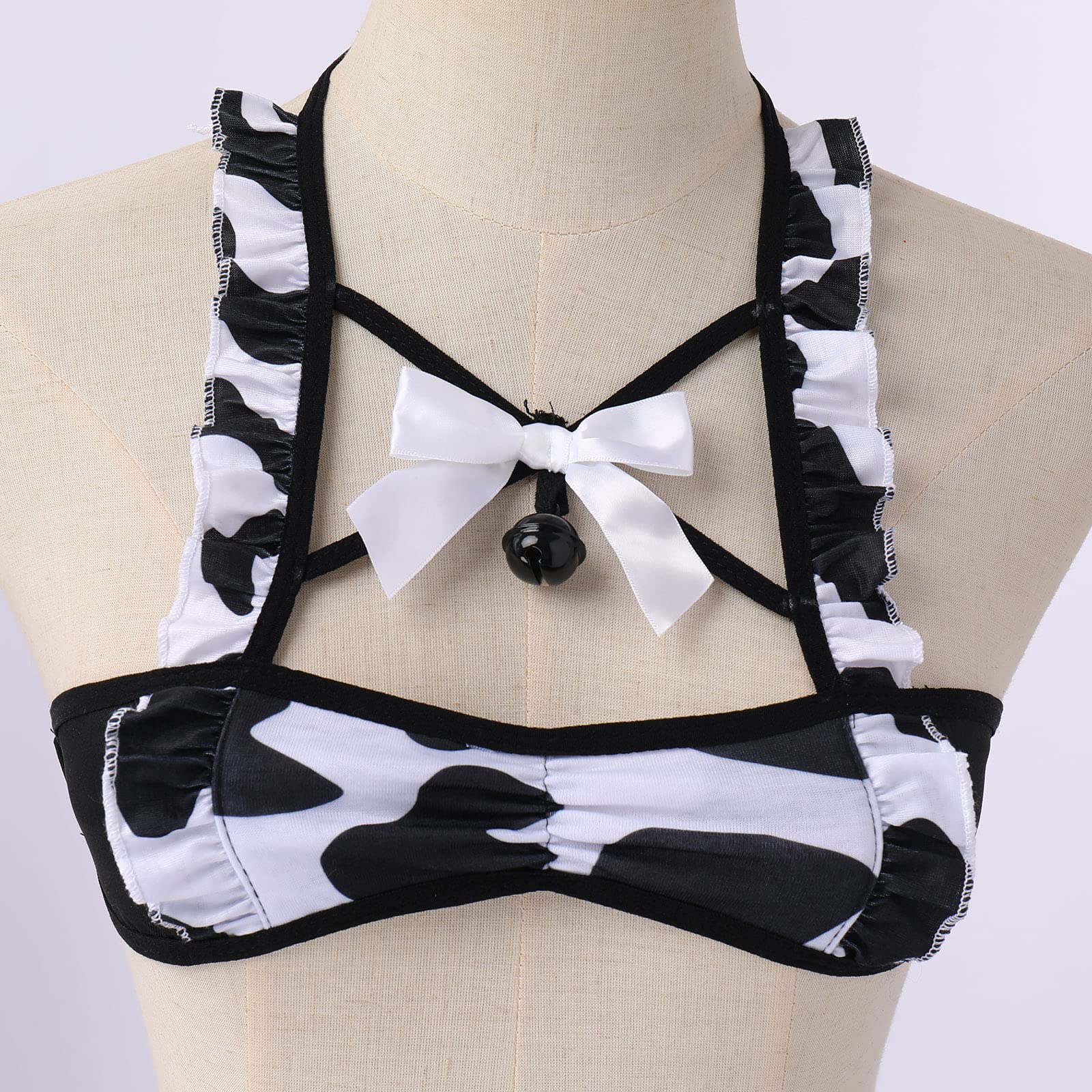 FYMNSI Women Sexy Milk Cow Lingerie Set Anime Maid Cosplay Costume Mini Bikini Bra Bodysuit with Bell Choker Stockings Outfit: One Size Cow Dress Set
