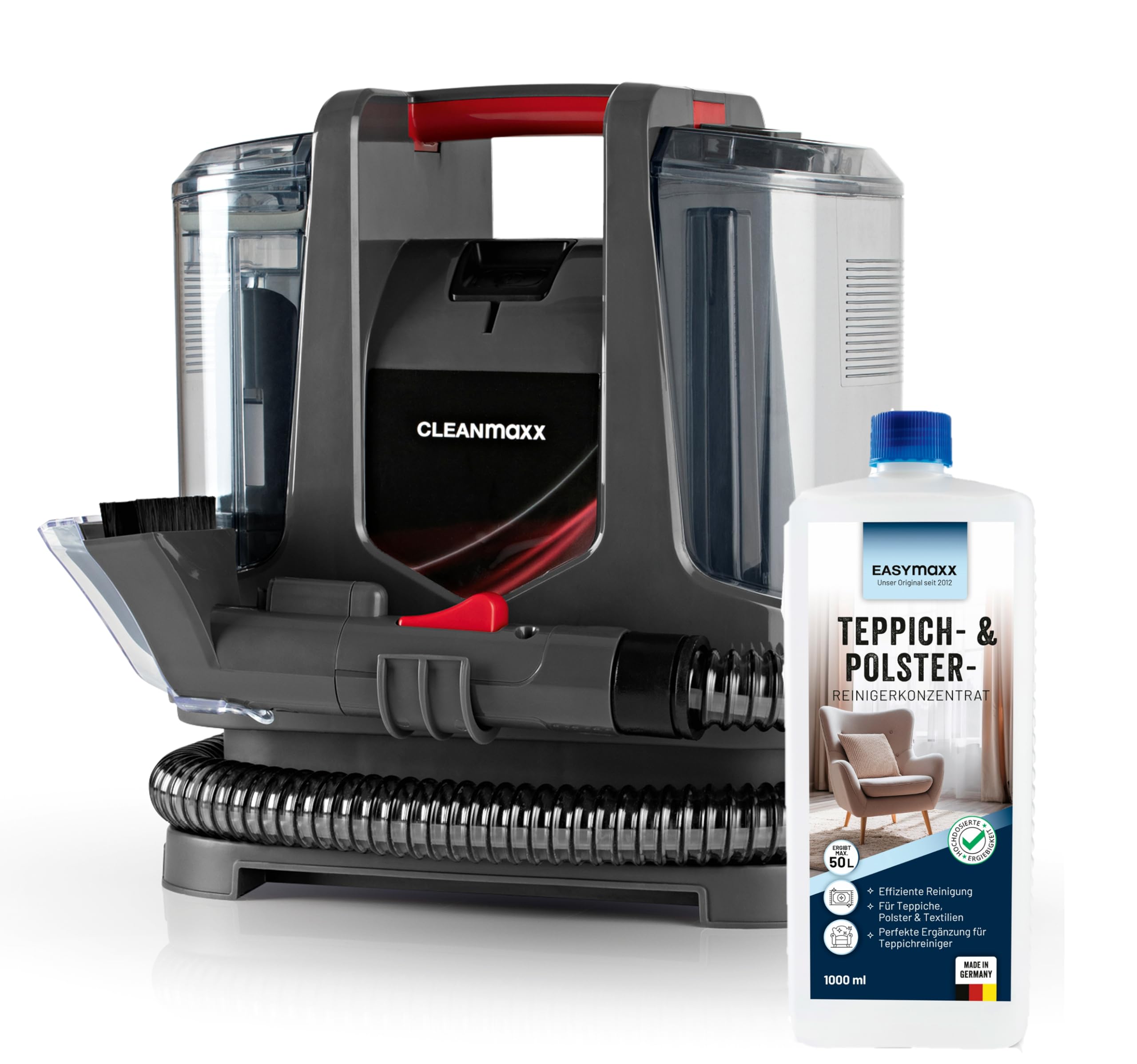 CLEANmaxx Kompakt Plus Polsterreiniger Gerät 400W | kompakter Waschsauger mit 2 Düsen | für Sofa Auto Teppich Polster | inkl. Teppichshampoo für gründliche Fleckenreinigung