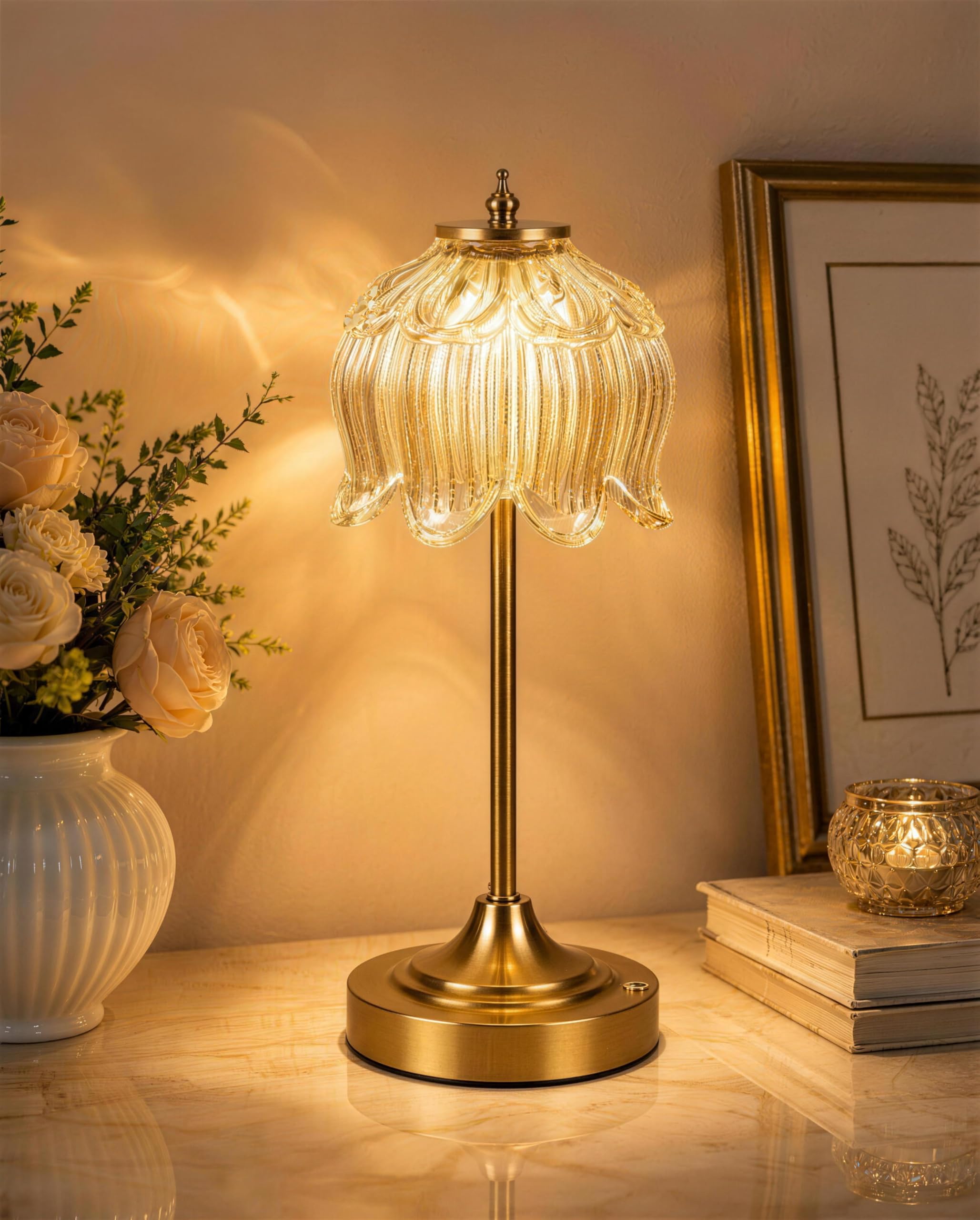 lotus flower cordless table lamp, 5200mah rechargeable battery powered lamp with touch control, 3 color temps & stepless dimming, portable decorative light for bedroom/desk/living room/kitchen-amber
