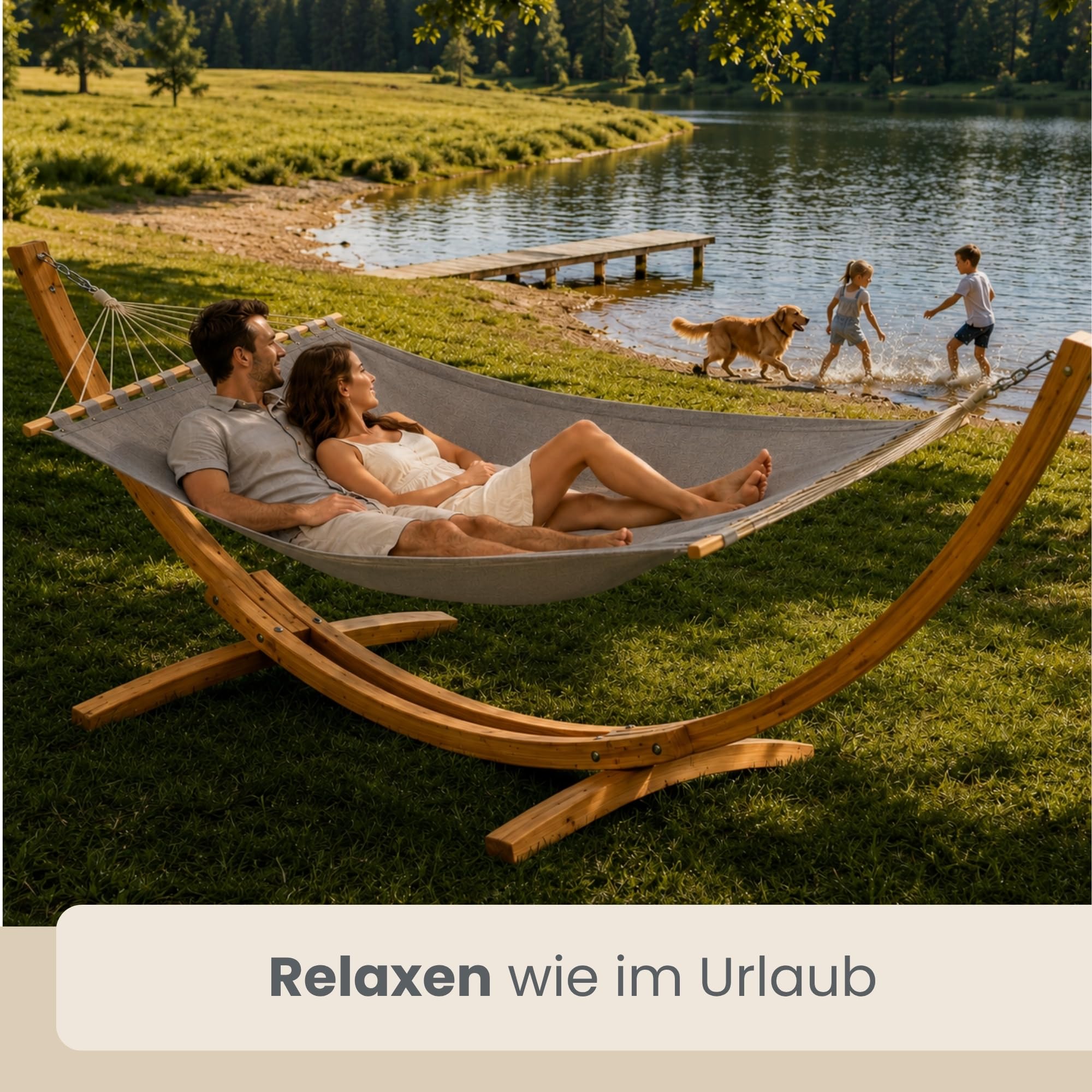 AMANKA XXL Hängematte mit Gestell 325 cm – stabiles Outdoor Hängemattengestell aus Holz mit Grauer Stabhängematte für Zwei Personen – entspanntes Hängemattenset für Garten Balkon oder Terrasse
