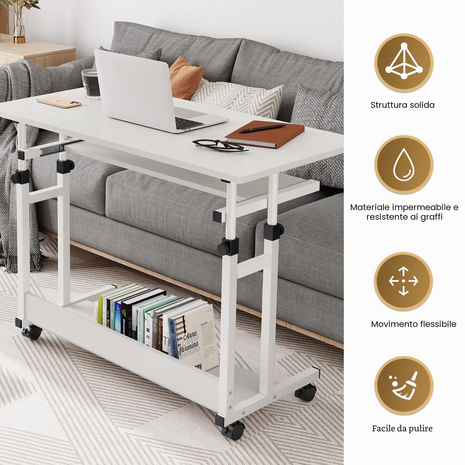 Dripex Scrivania regolabile in altezza, scrivania per computer con ruote, scrivania piccola su ruote, tavolo per laptop salvaspazio con estrattore per tastiera e scaffale, tavolo per PC piccolo