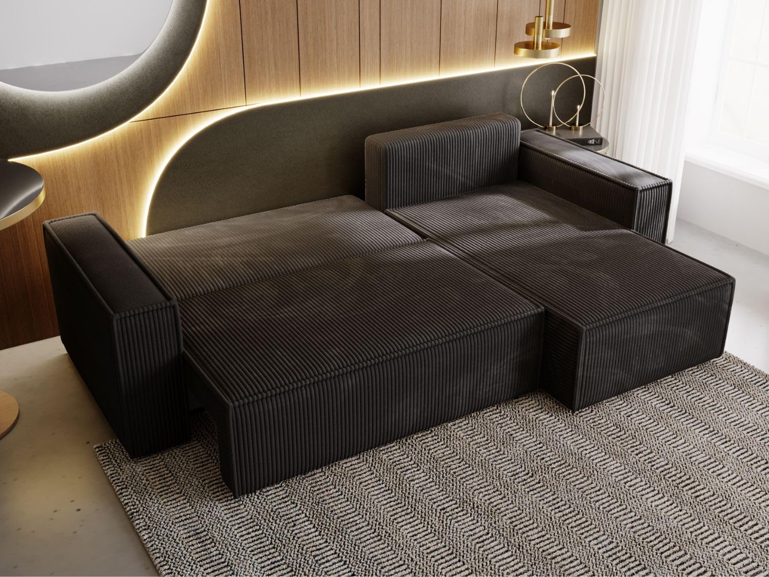 GRAINGOLD Prato XL Ecksofa mit Schlaffunktion & Bettkasten 280x170 cm, L-Form Sofa mit Stauraum, Schlafcouch für Wohnzimmer, Cord Stoff, 4-Sitzer Eckcouch, Modernes Design (Schwarz)