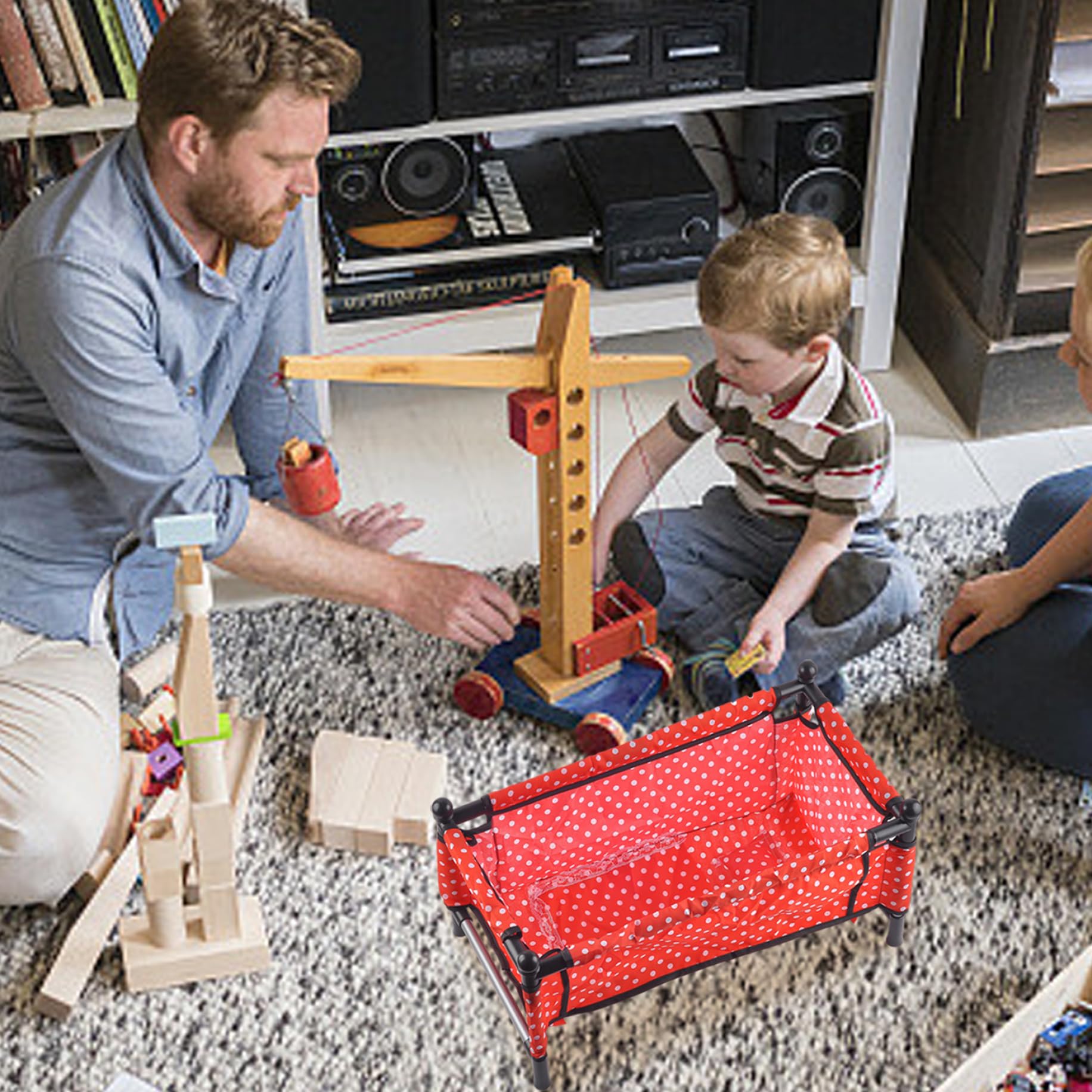 Baby Doll Crib, Foldable Red Background Baby Doll Bed with White Dots, Role Play Pram & Pushchair Toys, Perfect for Kids Ages 3+