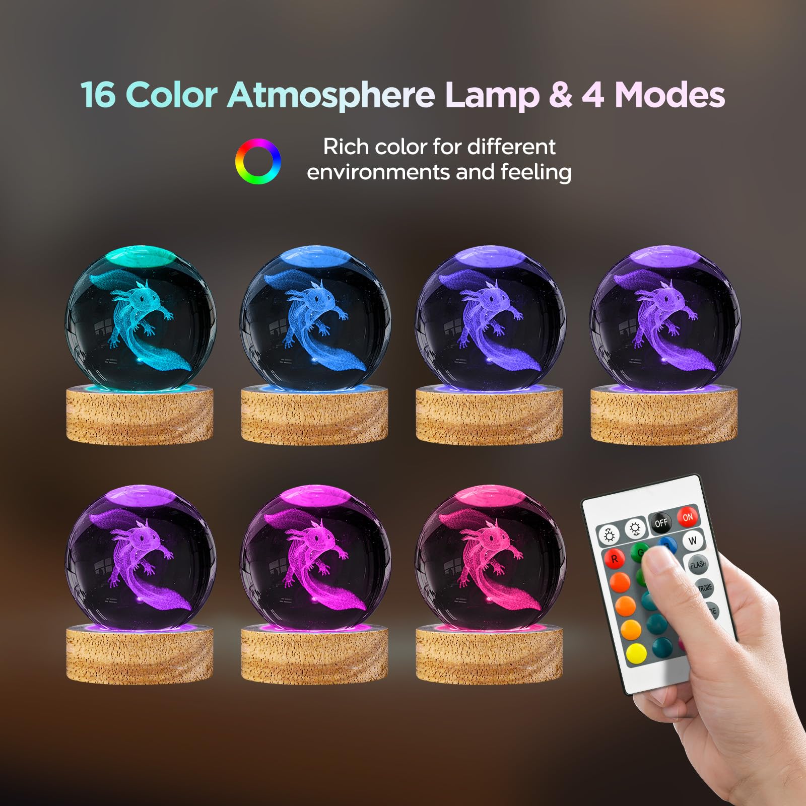 3D Crystal Ball Night Light with 16 Colors - Unique 60mm Axolotl