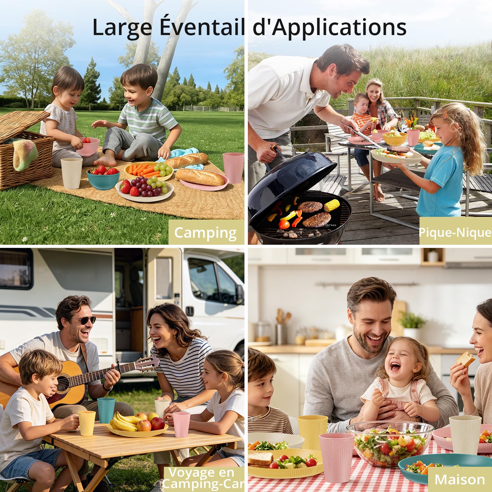 Anbte 12PCS Ensemble de Vaisselle, Vaisselle Plastique Incassable et Réutilisable pour 4 Personnes, Kit de Vaisselle Empilable, pour Cuisine, Camping, Pique-Nique, Fête et Voyage(Jaune Coloré)
