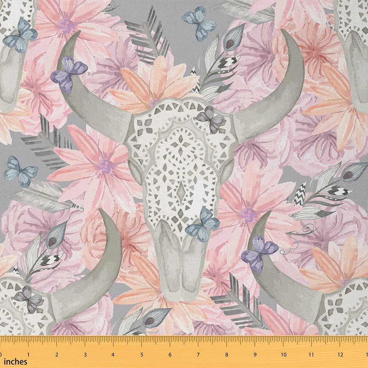 Bull Skull Decorative Fabric by The Yard,Watercolor Floral Butterfly Fabric for Upholstery and Home DIY Projects,Botanical Flowers Leaves Outdoor Fabric,2 Yards
