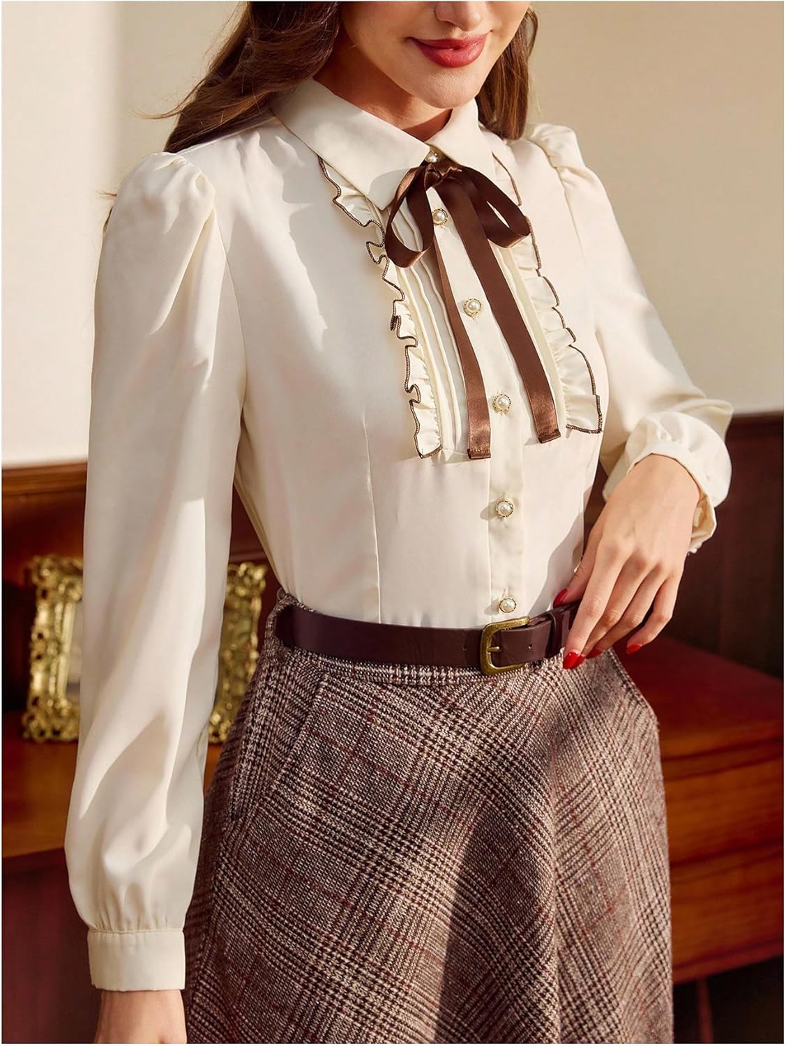 Verdusa Women's Bowknot Button Down Dressy Blouses Elegant Work Tops Long Sleeve Shirts Business Casual Outfits - Image 3