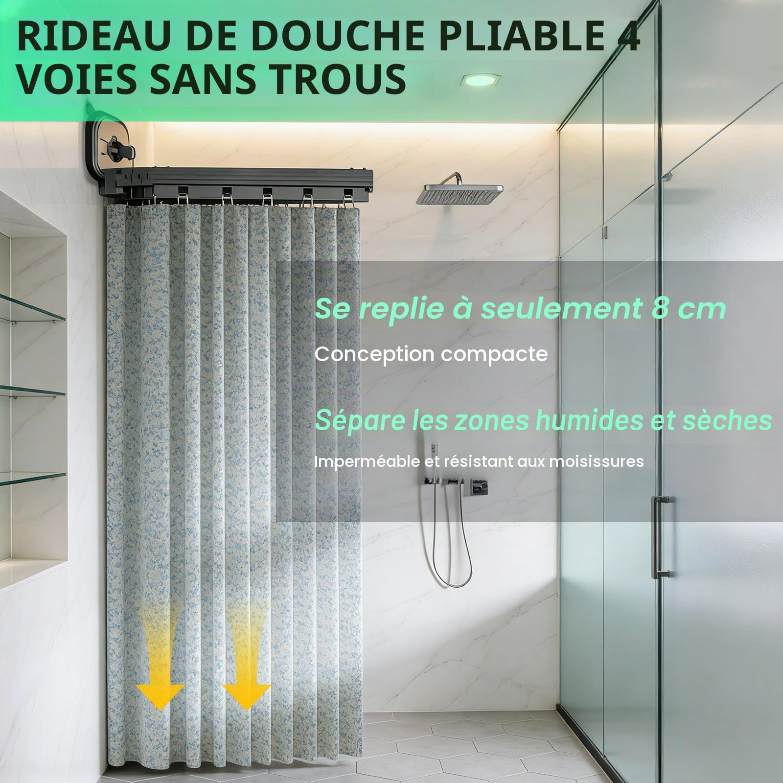 Rideau de Douche sans Perçage avec Ventouse, Forme L/U, 4 Plis, 1.8 x 2m | Tringle à Rideau de Douche Pliable, Résistante à La Moisissure, Imperméable, Lavable, avec Anneaux pour Douches D'Angle
