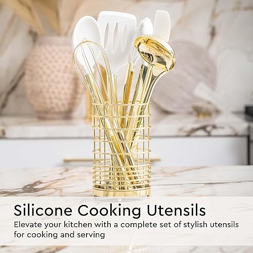 Miniatura 3 de Juego de utensilios de cocina blancos y dorados, 23 piezas de accesorios de cocina de lujo blanco y dorado, incluye tazas medidoras y cucharas