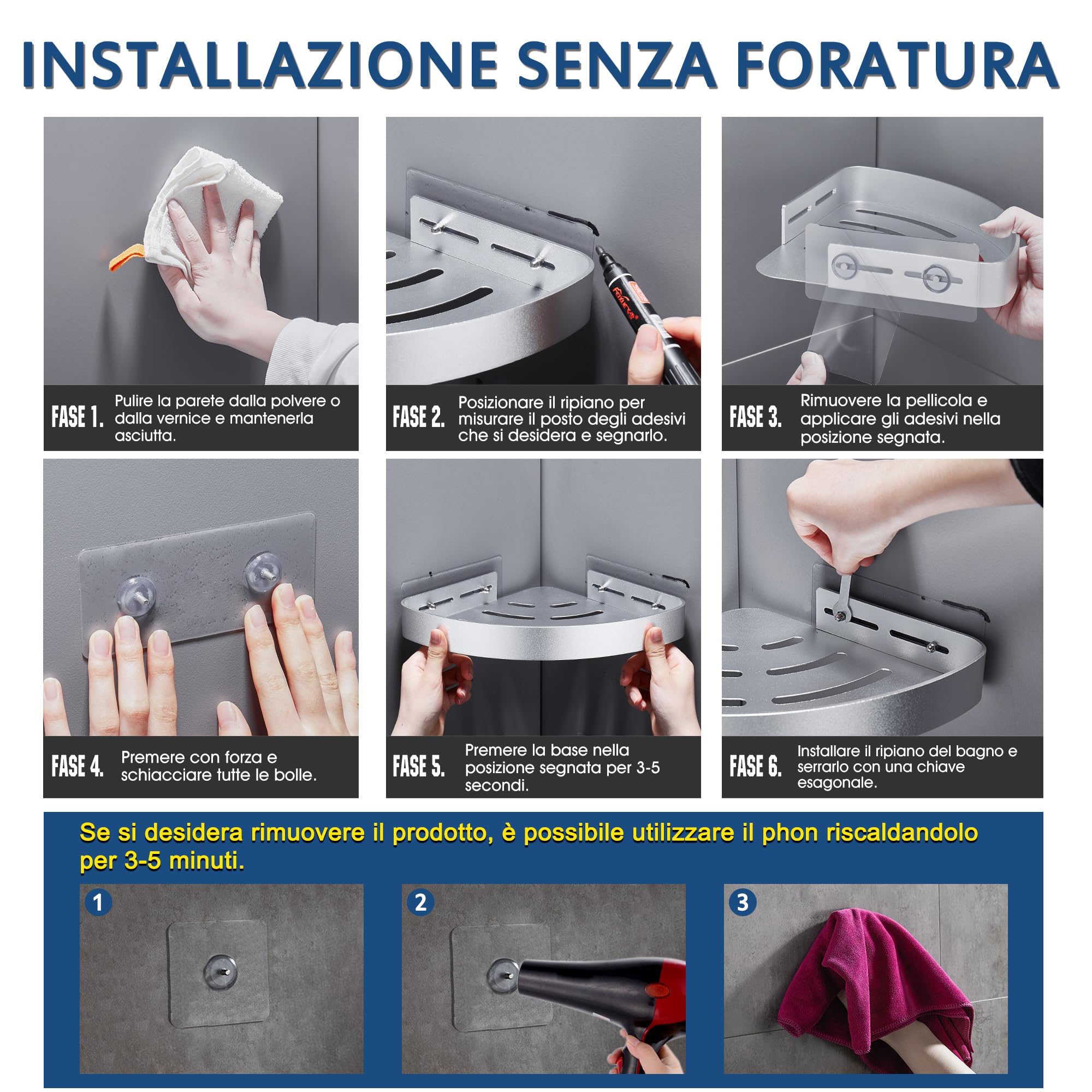 12 Ganci Adesivi Per Mensole Doccia - Trasparenti, Impermeabili, Per Piastrelle E Vetro | Facili Da Installare, Senza Fori - Foto 13