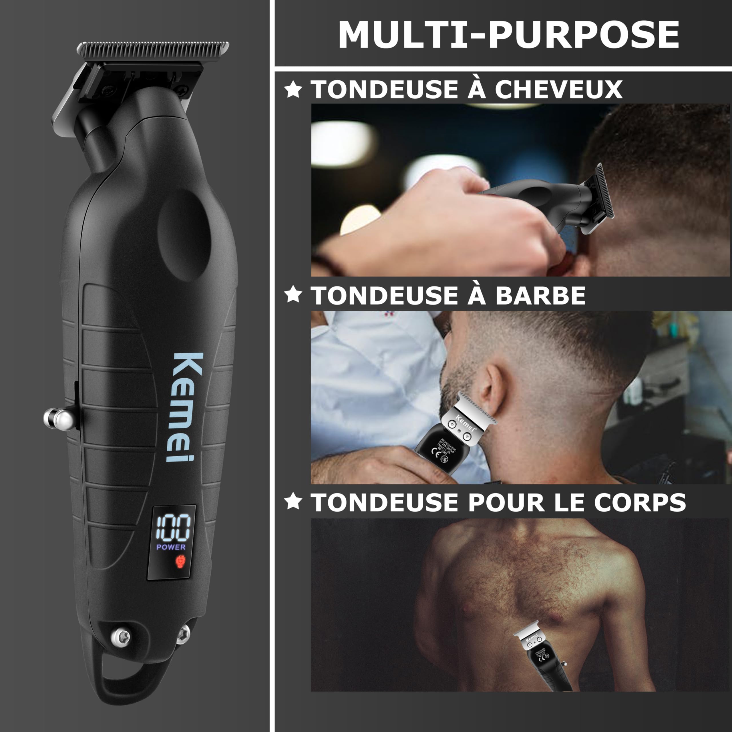 KEMEI Tondeuse professionnelle 2293 pour homme avec lame en T, rechargeable sans fil