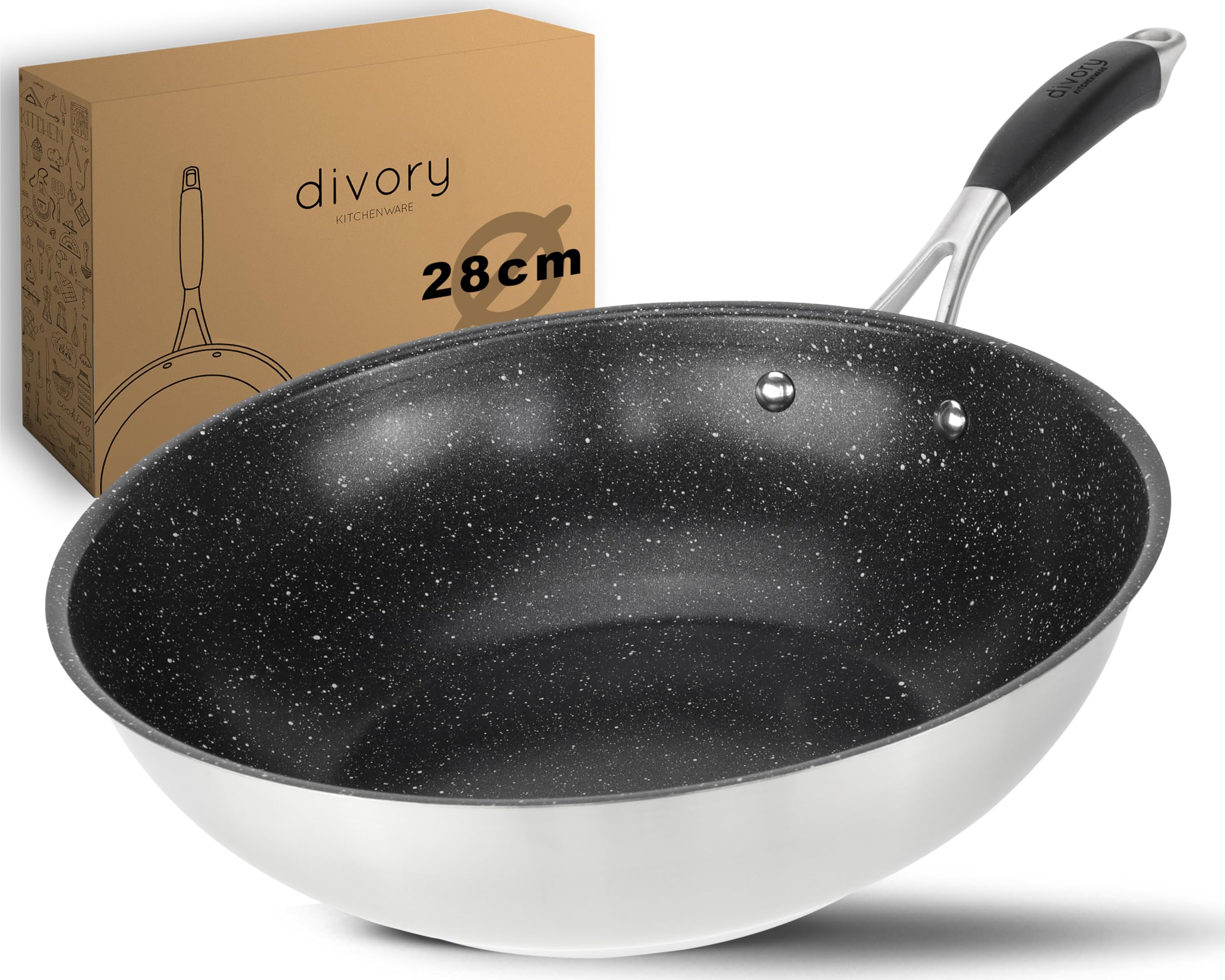 Poêle Wok Inox 28cm DIVORY - Sans Revêtement - Pour Induction Et Gaz - Lavable Lave-Vaisselle