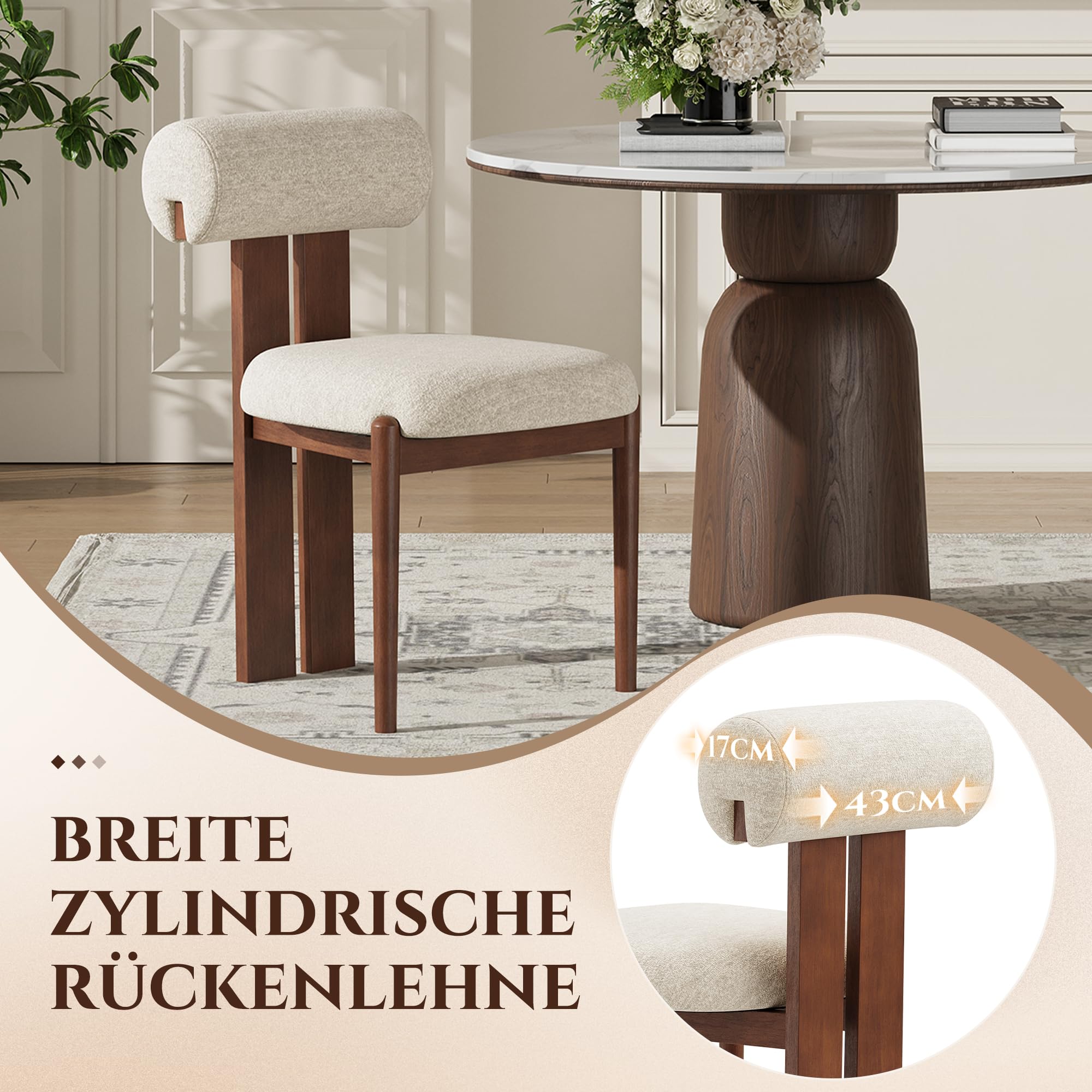 MALOL Esszimmerstühle 6er Set, Mid-Century Modern Polsterstühle aus Stoff mit Stabiler Rückenlehne & dunkelbraunen Holzbeinen, Beige – Geeignet für Esszimmer, Küche und Gastronomie, Beige