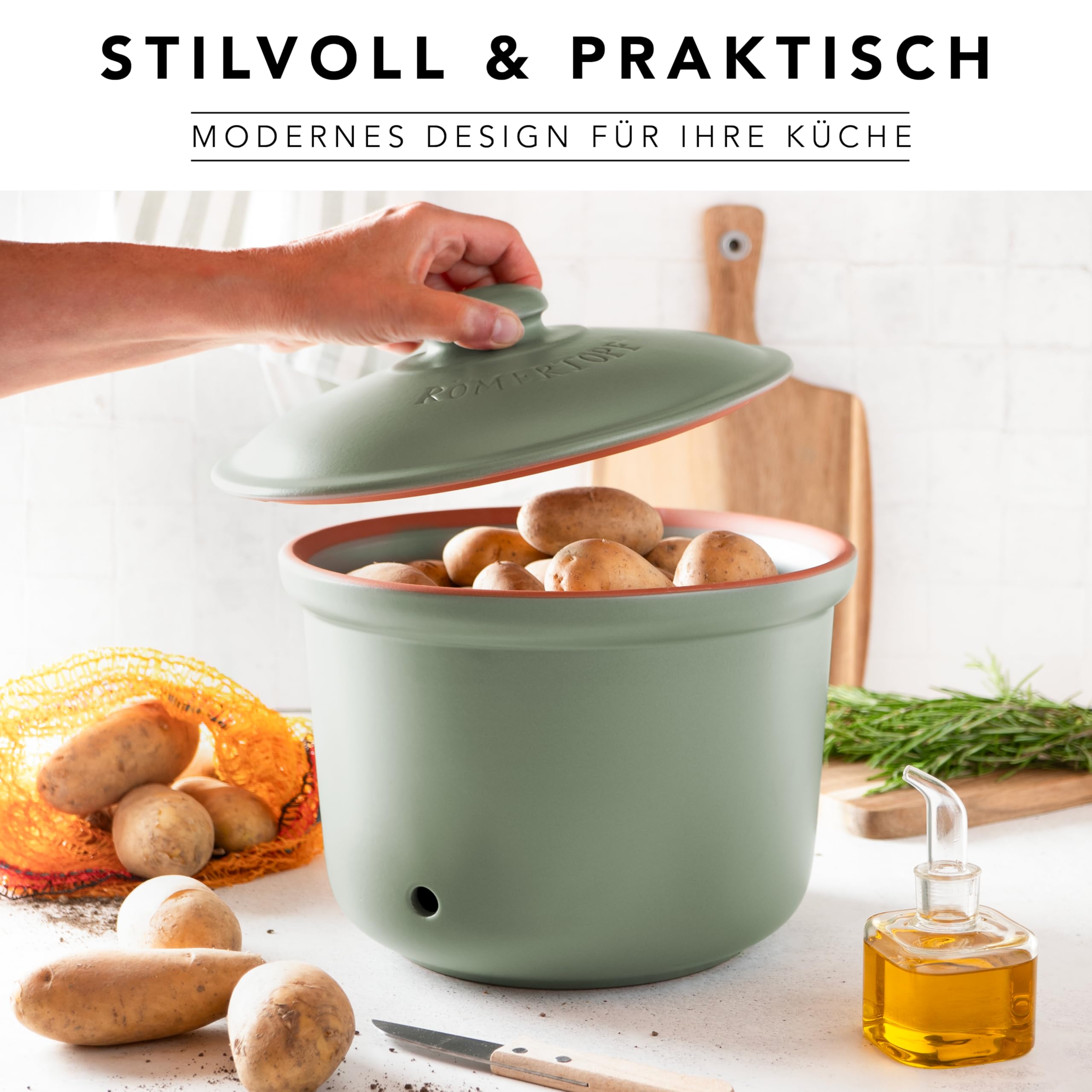 Romertopf Pot fraîcheur MAXI PLUS 5,5 l – Pot à pommes de terre en céramique – Argile respirante pour garder les légumes frais plus longtemps – Circulation de l'air idéale – Vert