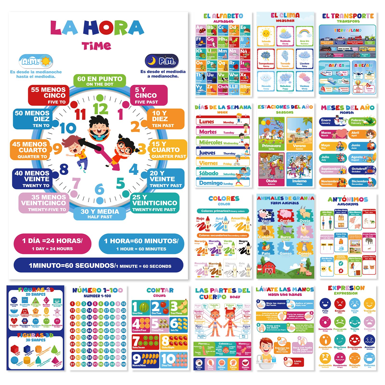 Eggsun 16pcs English Spanish Bilingual Learning Poster for Kids 3-5, Education Learning Chart for Classroom Decoration, Alphabet Numbers Seasons for Kindergarten Preschool 6 10 Back to School Supplies