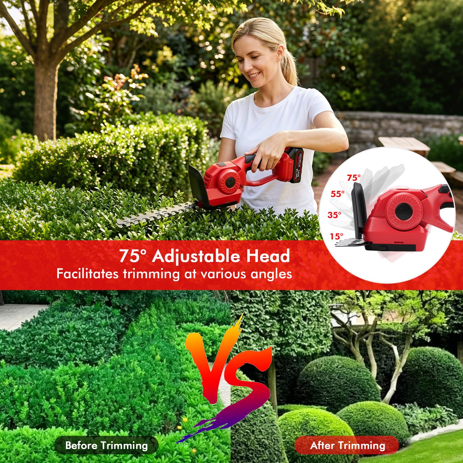 Tijeras de césped y arbustos con batería, 2 en 1, cortasetos con batería, 2 1500 mAh, 2 cuchillos diferentes de 20 cm/12 cm, tijeras de podar para patio, jardín, césped
