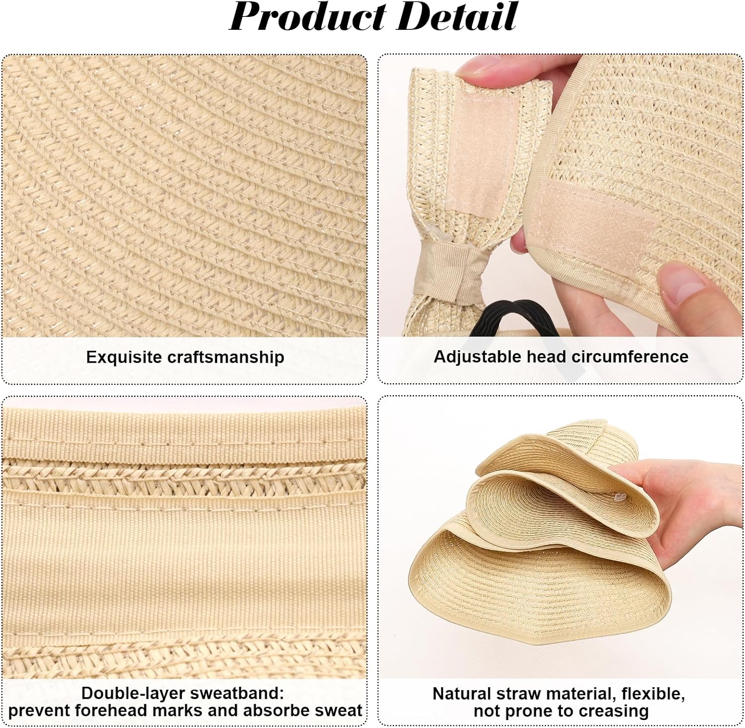 Fumwase Sun Visors for Women Straw Beach Hat Foldable Straw Wide Ponytail Summer Hats Adjustable Cooling Summer Cap