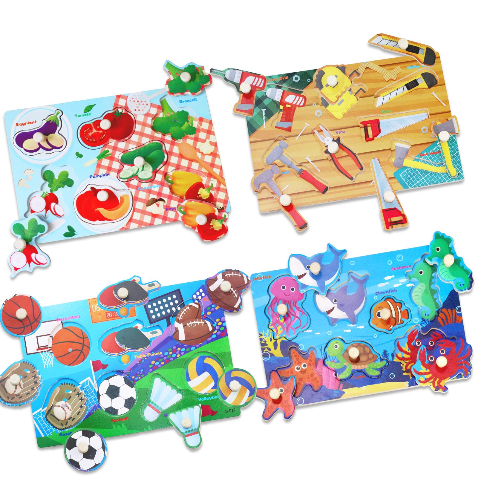 4 Stück Kleinkind Puzzle Spielzeug Set, Montessori Spielzeug Griff Holzpuzzle, Kinderspielzeug Motorikspielzeug Steckpuzzle Lernspielzeug, Feinmotorik, Geschenke für 1, 2 bis 3 Jahre alt