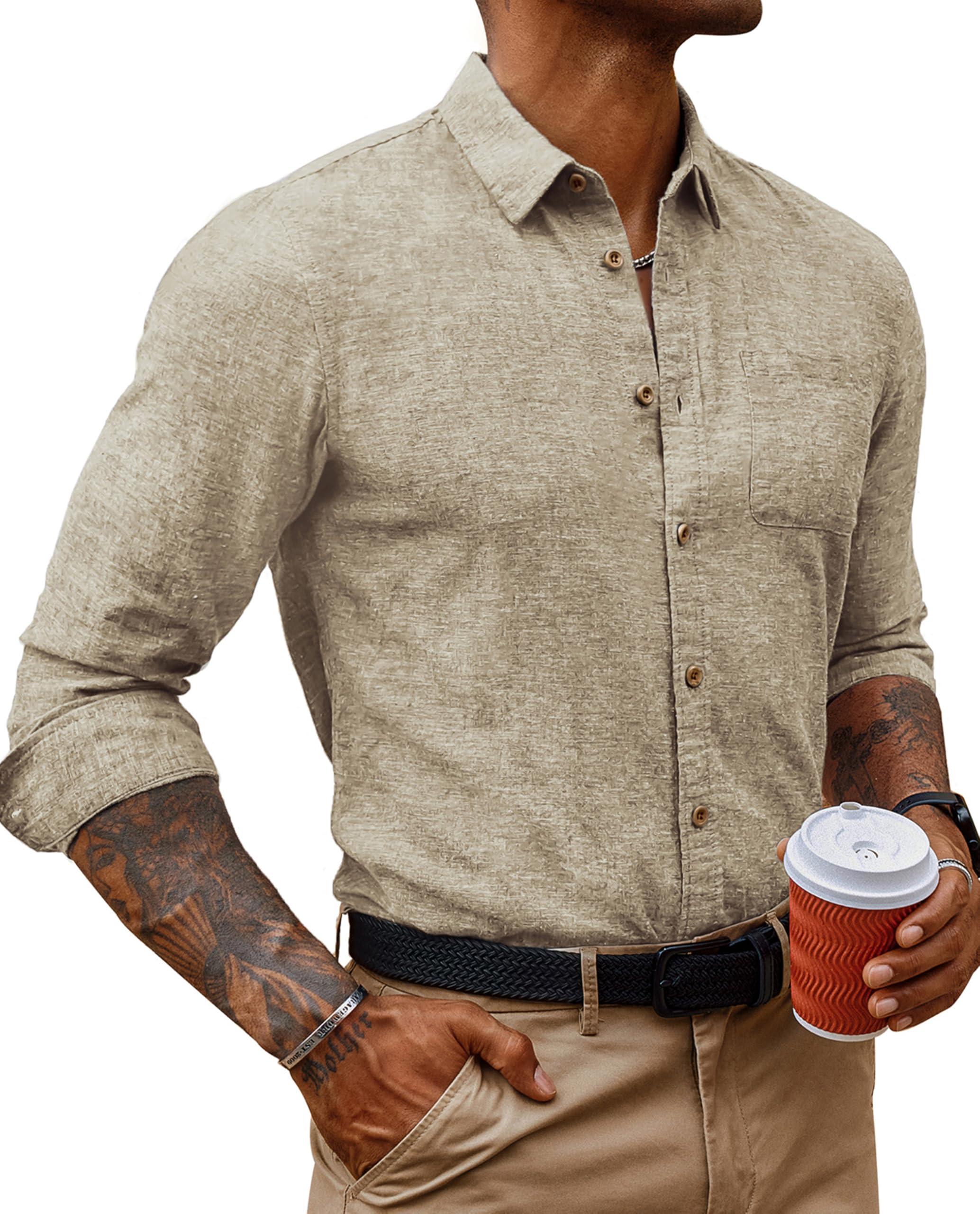 PJ PAUL JONES Button Down Shirt Men Fashion Long Sleeve Shirts Casual Fitted Linen Shirts for Men Daily Wear Khaki L