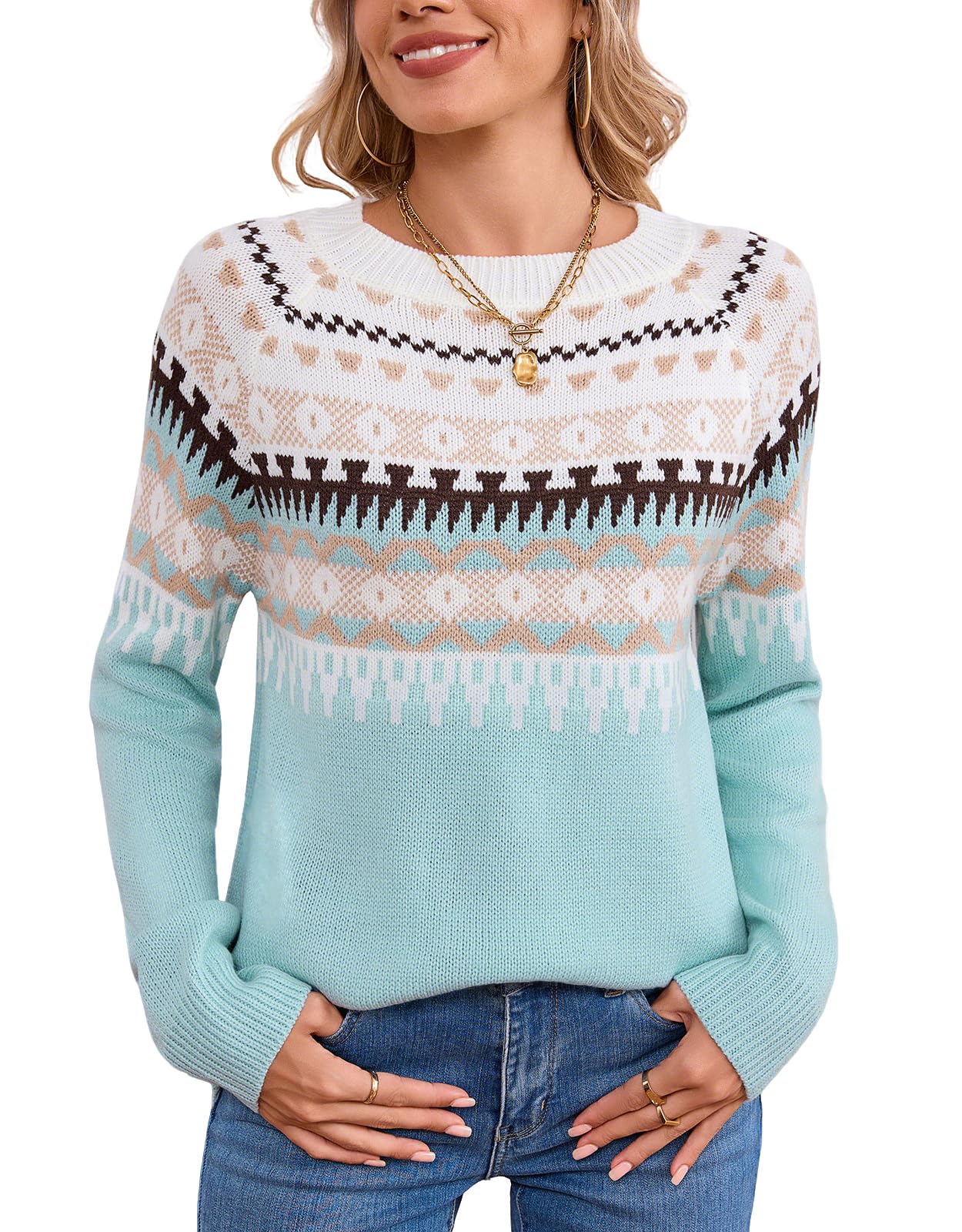 Alsol Lamesa Womens Fair Isle Sweater Casual Crewneck Long Sleeve Lightweight Vintage Knit Jumper Tops