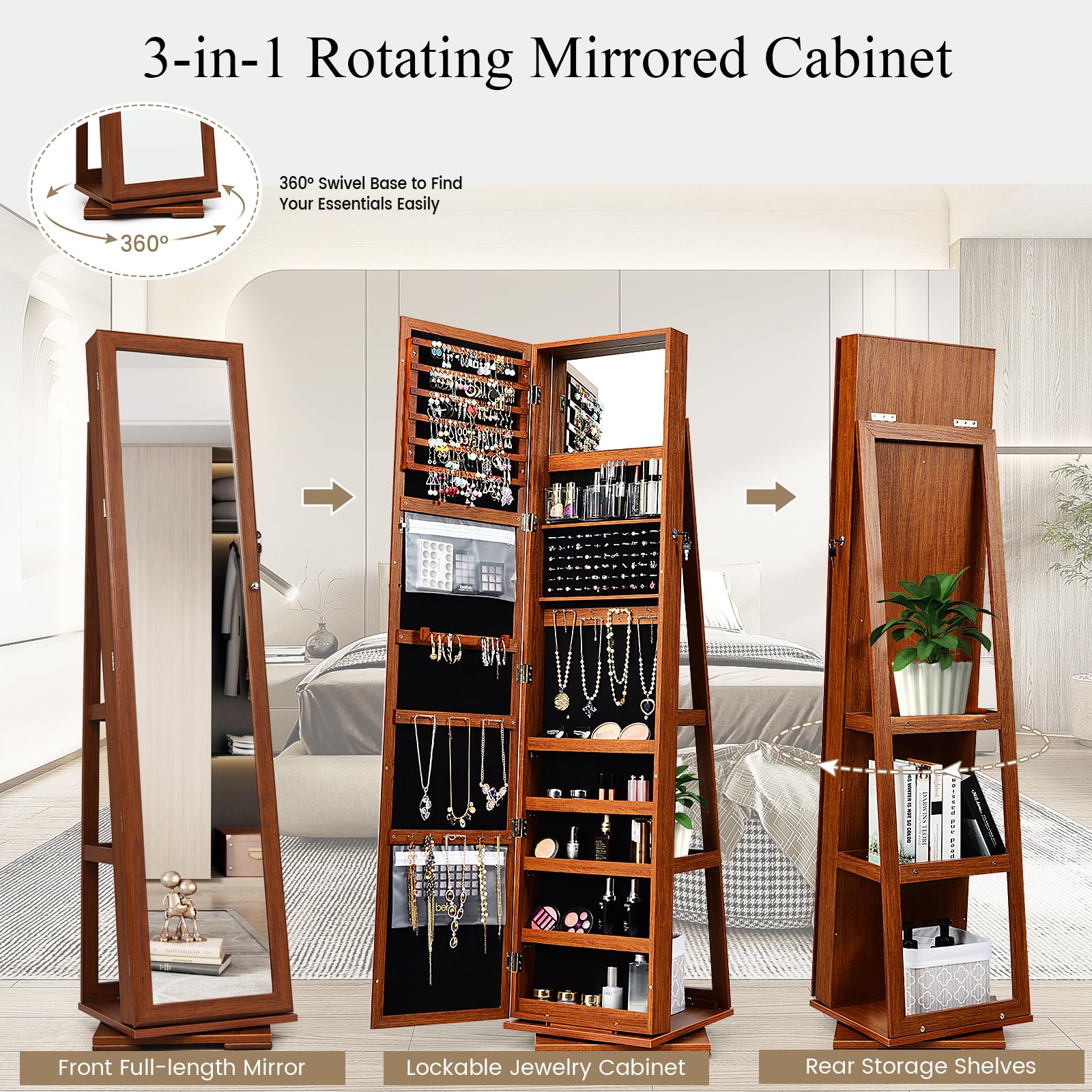 HOMASIS Armoire à bijoux avec miroir et étagère en échelle, pivotant sur 360°, Organisateur de boucles d'oreilles avec crochet à chaîne et fermoir à anneau,39x39x161cm (Marron)