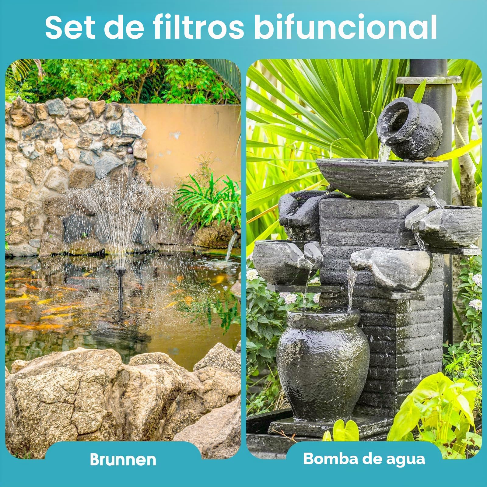 POPOSOAP Conjunto de Fuente RGB para Estanque y Filtro, Bomba de Filtro 2500L/H con Luces LED RGB de Ciclo Automático, Caudal Ajustable, Elemento de Agua Exterior para Jardín (Eléctrico con Cable)