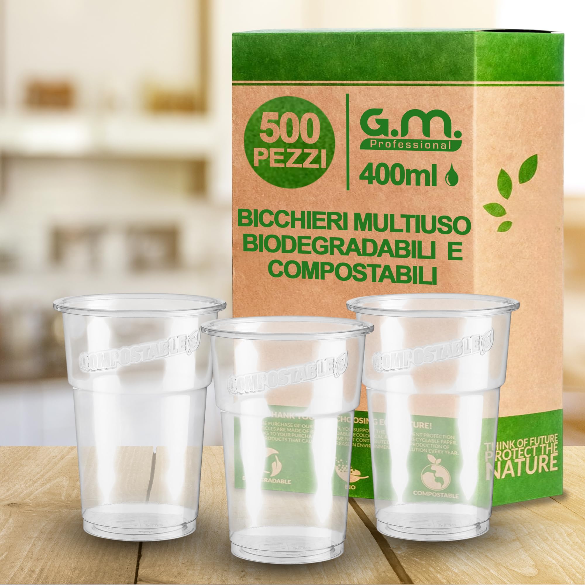 GM 500 Bicchieri Kristal Biodegradabili e Compostabili 400 ml Trasparenti, Rigidi e Resistenti, per Frappè, Granita, Frutta, Cocktail, Drink e Bevande Fredde