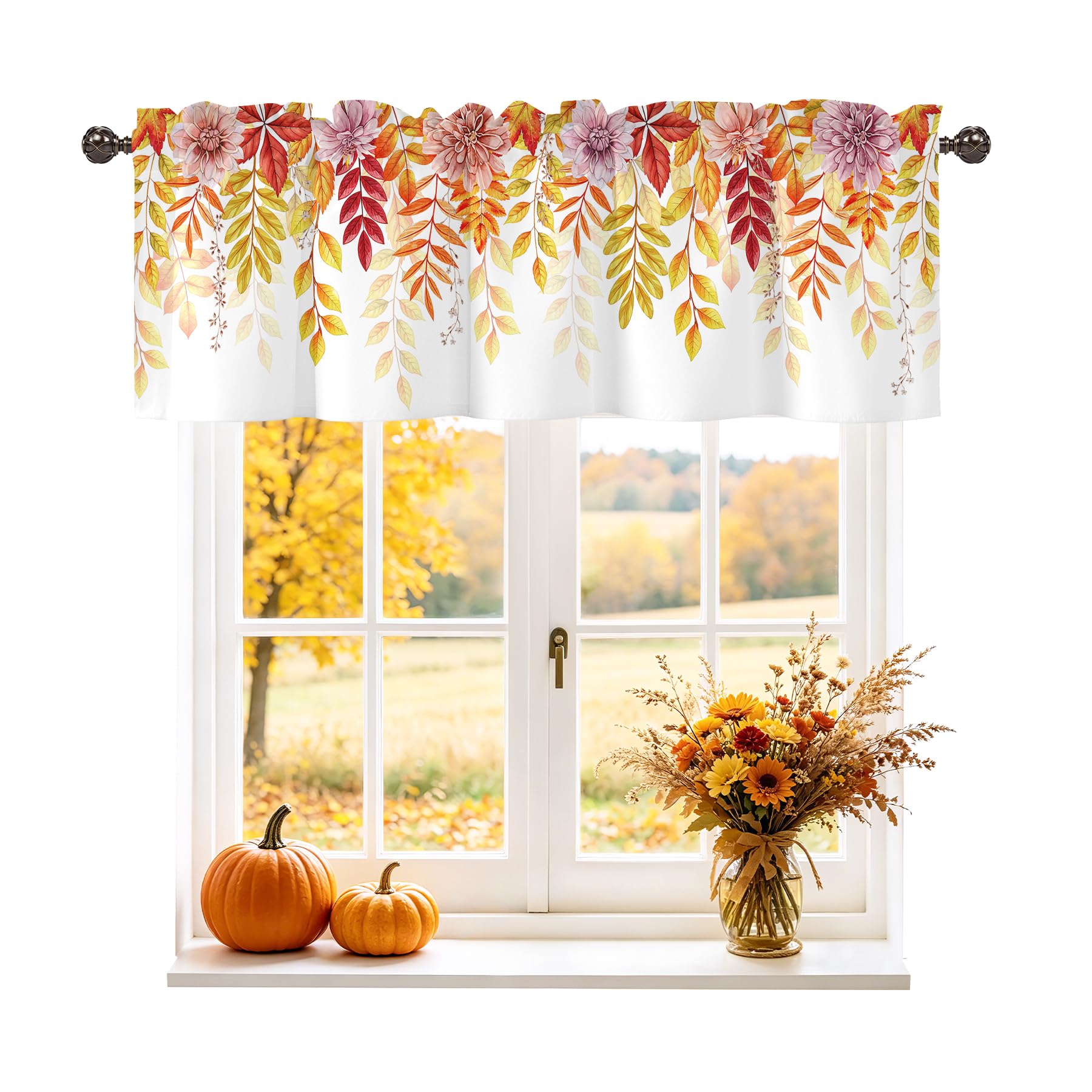 Fall Thanksgiving Maple Leaves Autumn Valance for Windows, Rod Pocket Short Curtain Topper for Kitchen Bathroom Laundry Basement, 42W x 12L Inch