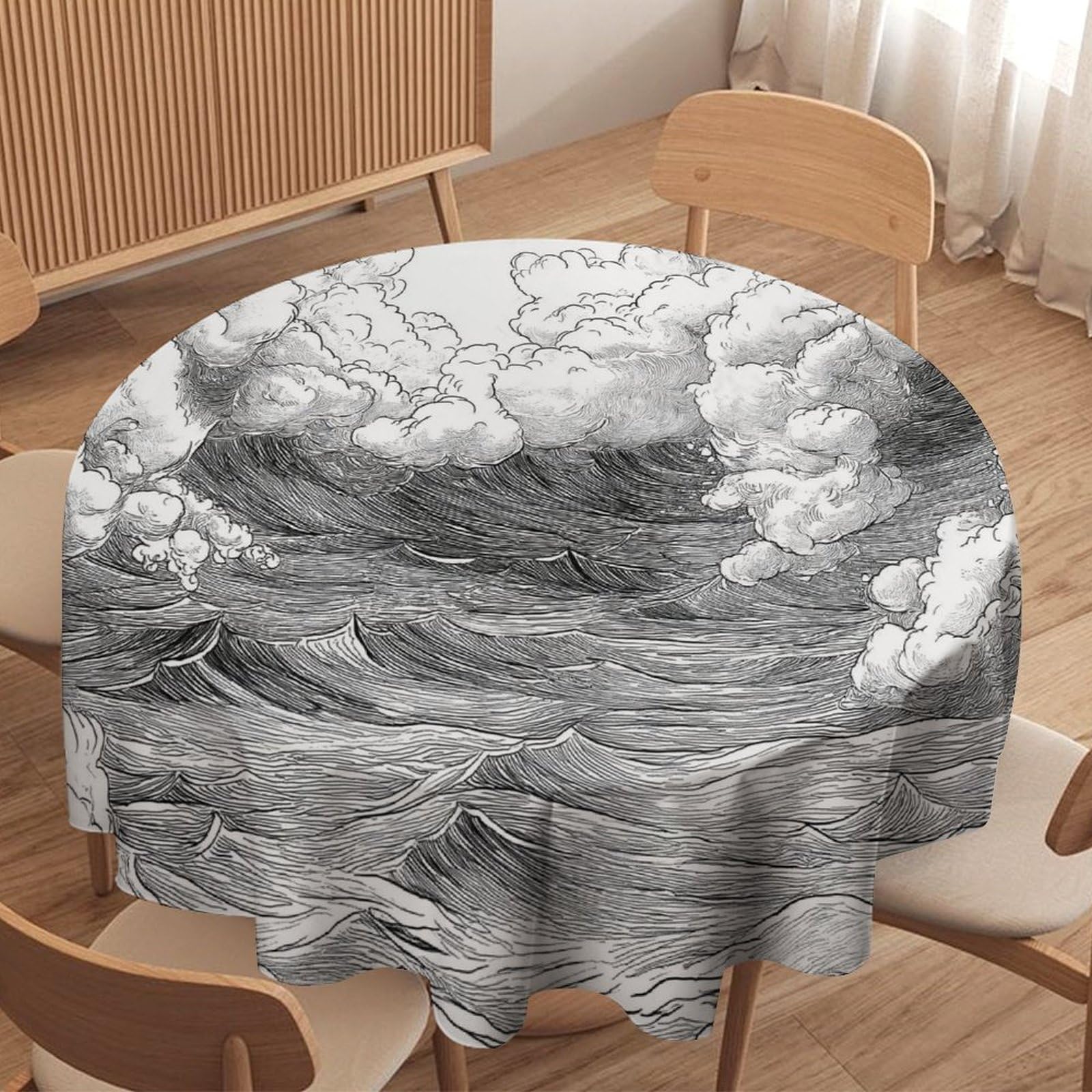 ORDOBO 3D Print Round Tablecloth - Abstract Ocean Waves Waterproof Dust-Proof 3D Print Table Cover For Dinner Kitchen Garden Fashion Home Countertop Decoration 177X177Cm