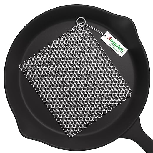Amagabeli Cast Iron Cleaner 8"x6" Rectangle Metal Scrubber with Hanging Ring 316 Premium Stainless Steel Chainmail Scrubber for Cast Iron Pans