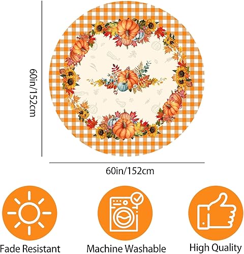 Miniatura 6 de Hexagram Mantel redondo de otoño de 60 pulgadas, mantel redondo de otoño a cuadros de calabaza para decoración del hogar, cocina, comedor