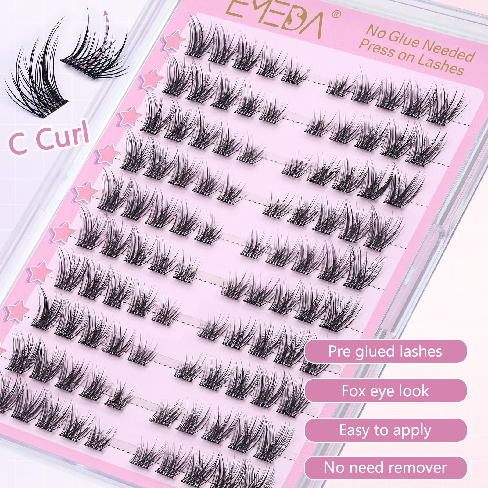 EMEDA ciglia autoadesive naturale, kit ciglia a grappolo senza colla 120pcs Ciglia naturali a pressione, DIY Ciglia a grappolo preincollate con pinzetta Ciglia da gatto preincollate (Cat eye02)