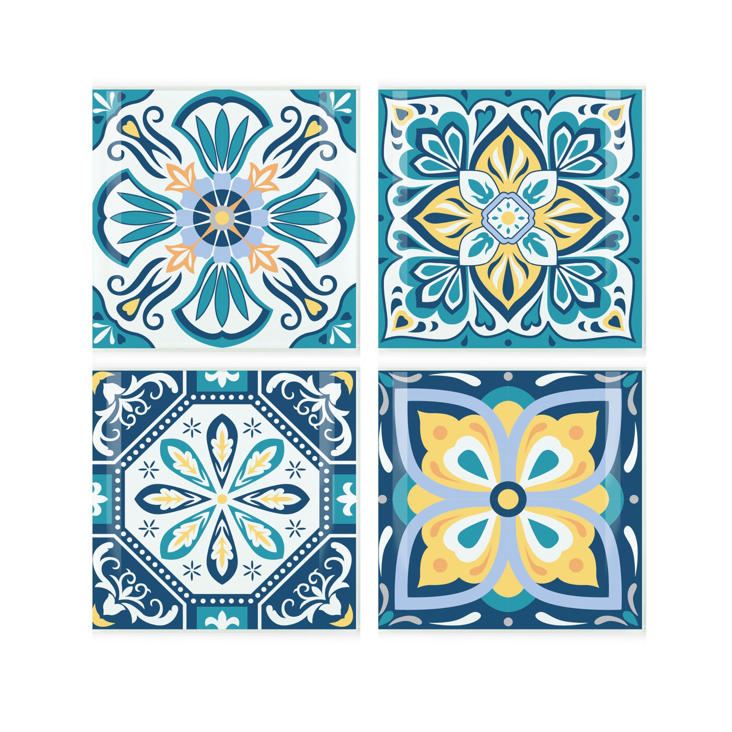 Greek Tile Coaster Set - Square Glass Mediterranean Design - Set of Four (4) Coasters