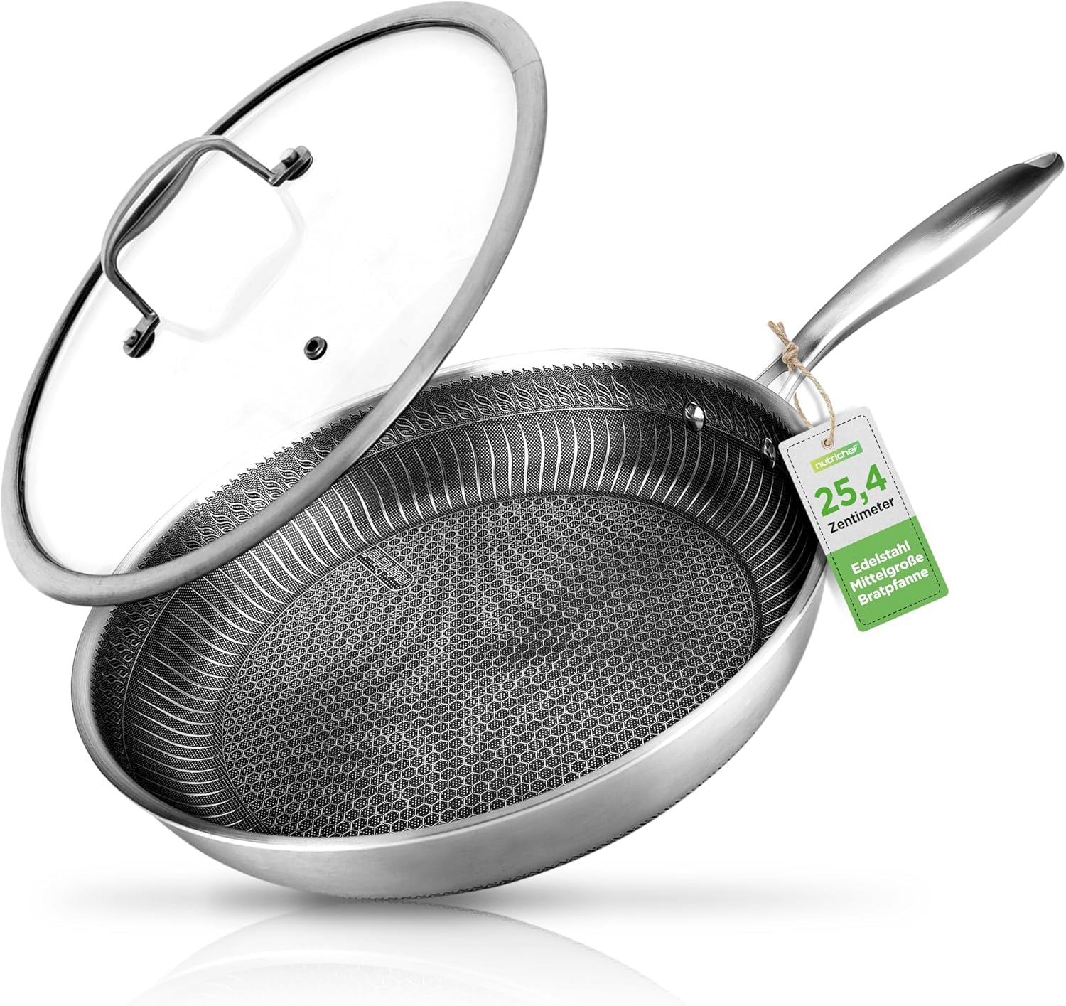 NutriChef 10-calowa patelnia ze stali nierdzewnej – naczynie kuchenne z trójwarstwowej stali nierdzewnej z trawioną powłoką nieprzywierającą na zarysowania wypukłym wzorem plastra miodu