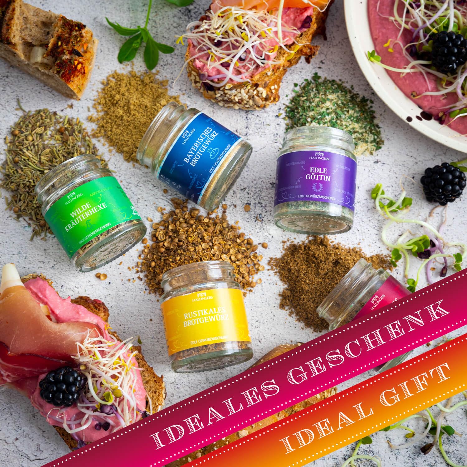 Hallingers Genuss Manufaktur Gewürz Geschenk-Set - 5 Gewürze aus aller Welt in wertiger Geschenkbox mit Rezept-Booklet "Brot-Backlust", Geschenkidee für Frauen Männer